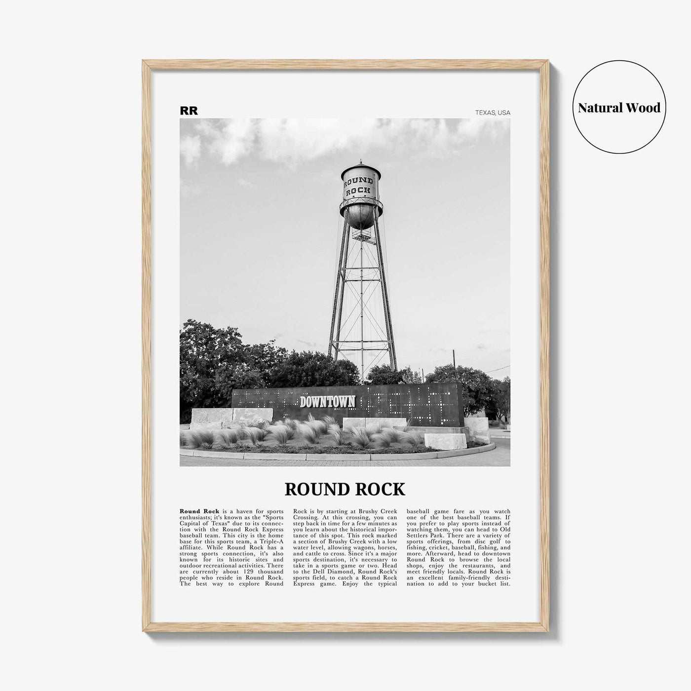 Round Rock Print Black and White, Round Rock Wall Art, Round Rock Poster, Round Rock Photo, Round Rock Wall Décor, Round Rock Map, Texas