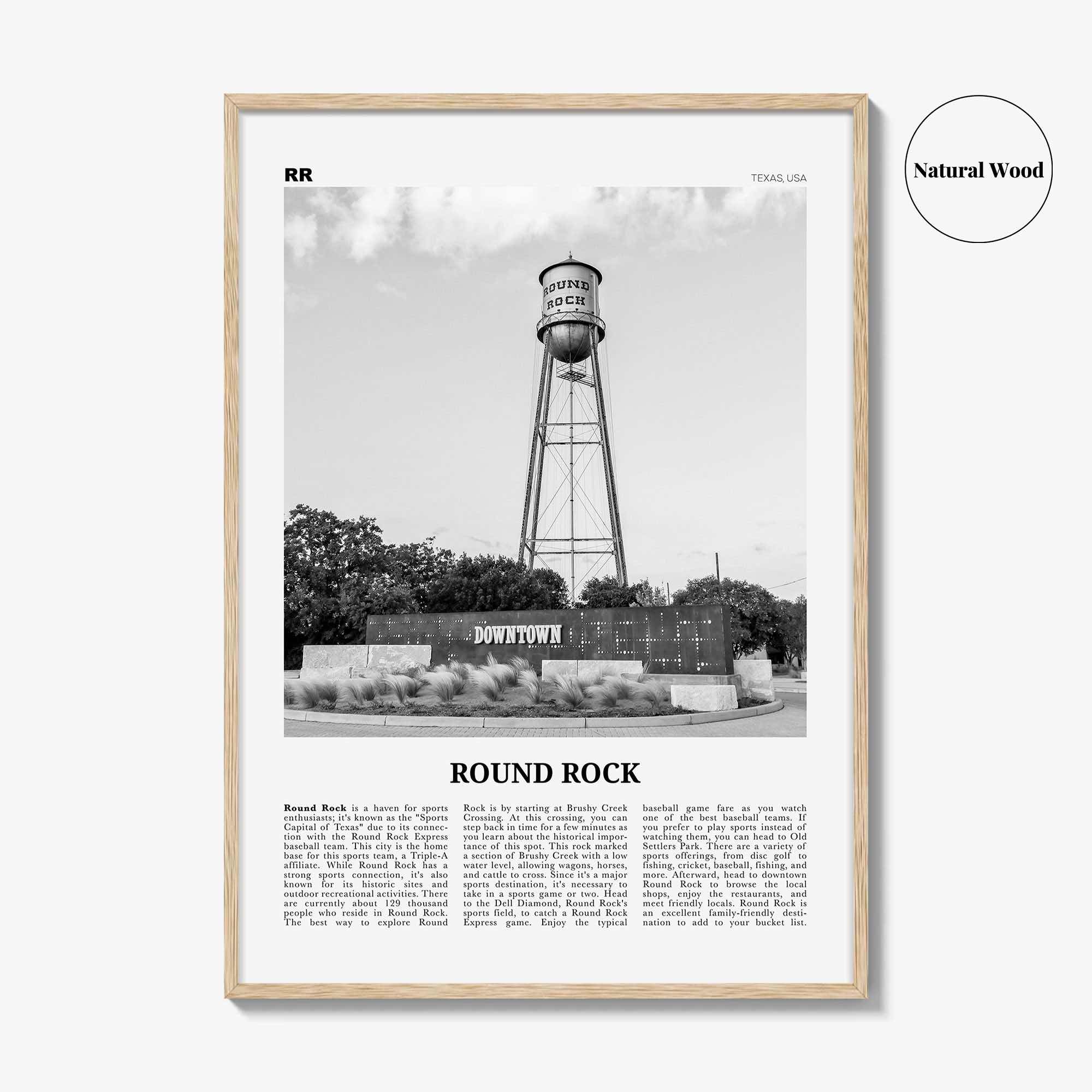 Round Rock Print Black and White, Round Rock Wall Art, Round Rock Poster, Round Rock Photo, Round Rock Wall Décor, Round Rock Map, Texas