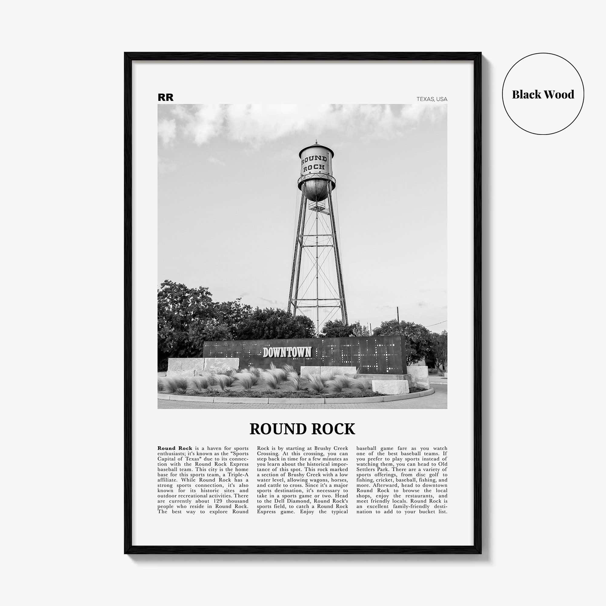 Round Rock Print Black and White, Round Rock Wall Art, Round Rock Poster, Round Rock Photo, Round Rock Wall Décor, Round Rock Map, Texas