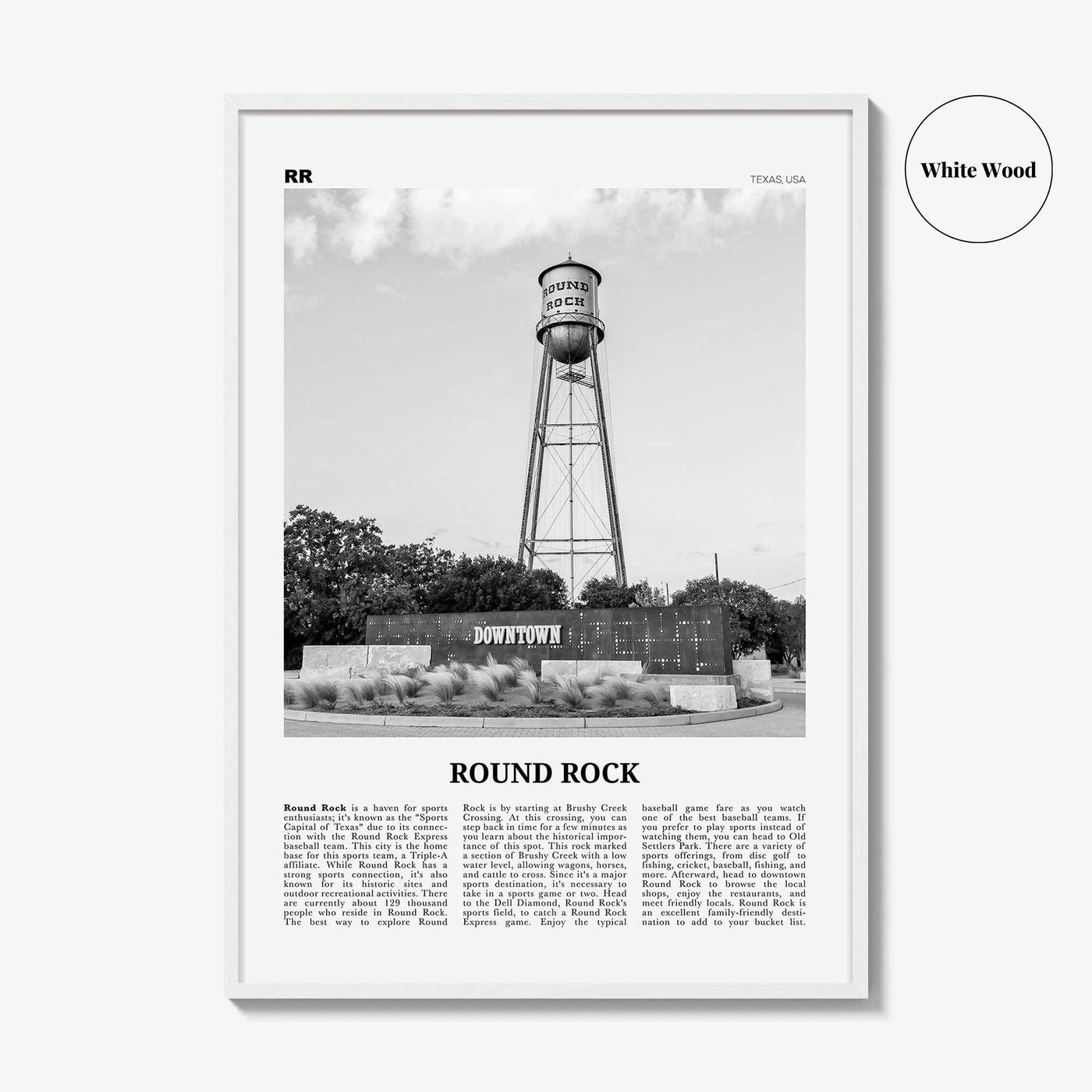 Round Rock Print Black and White, Round Rock Wall Art, Round Rock Poster, Round Rock Photo, Round Rock Wall Décor, Round Rock Map, Texas