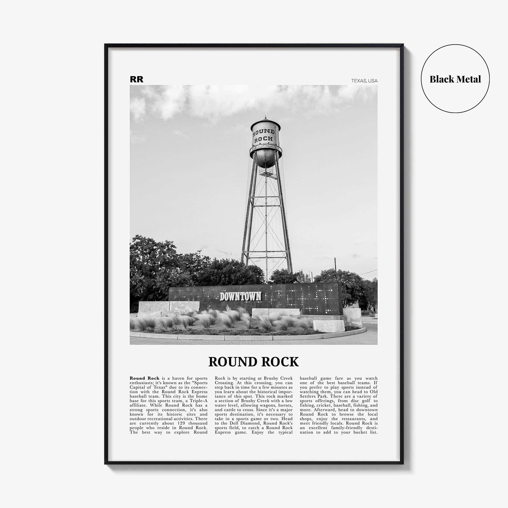 Round Rock Print Black and White, Round Rock Wall Art, Round Rock Poster, Round Rock Photo, Round Rock Wall Décor, Round Rock Map, Texas