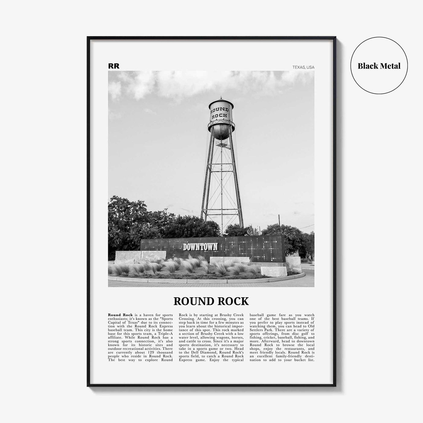 Round Rock Print Black and White, Round Rock Wall Art, Round Rock Poster, Round Rock Photo, Round Rock Wall Décor, Round Rock Map, Texas