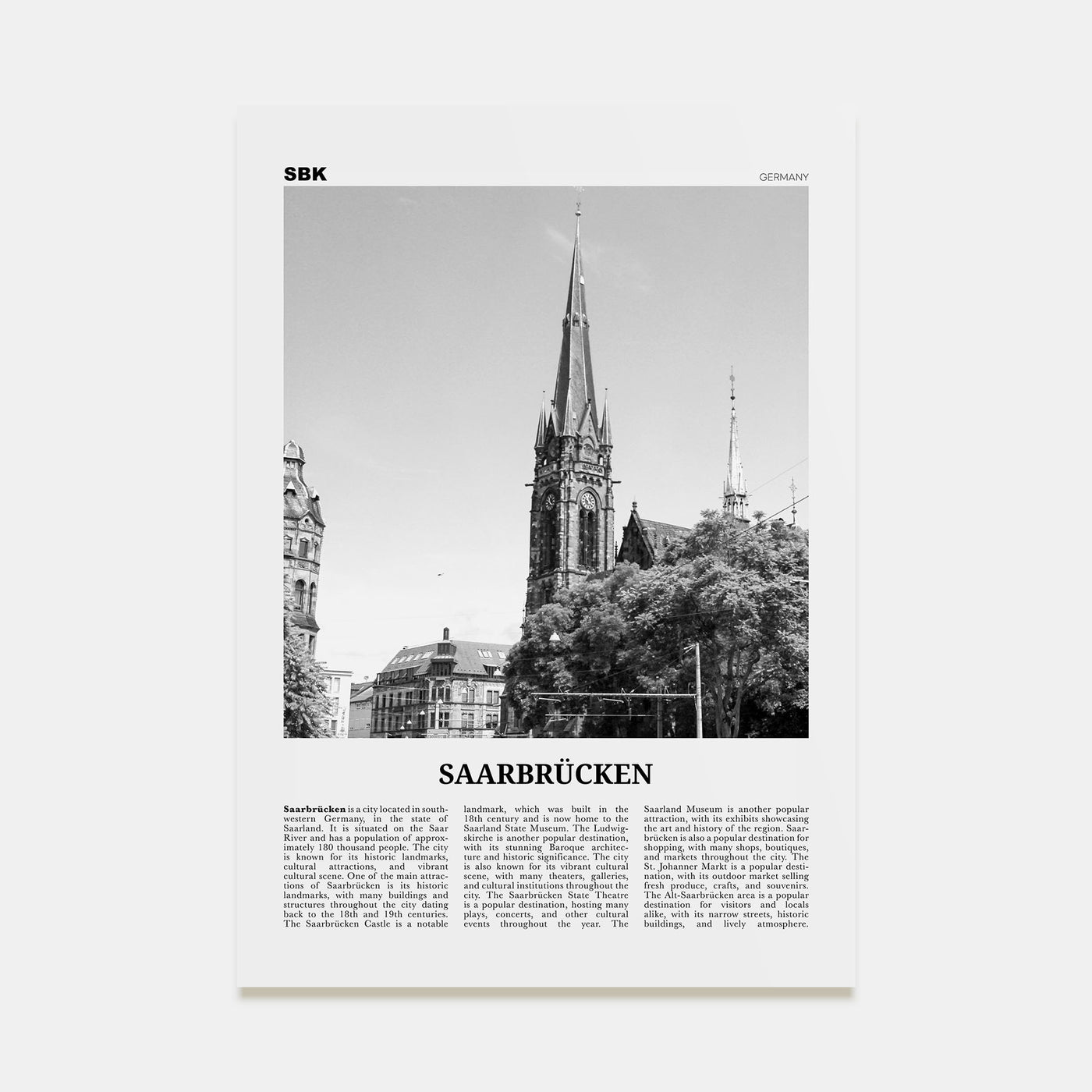 Saarbrücken Travel B&W Poster