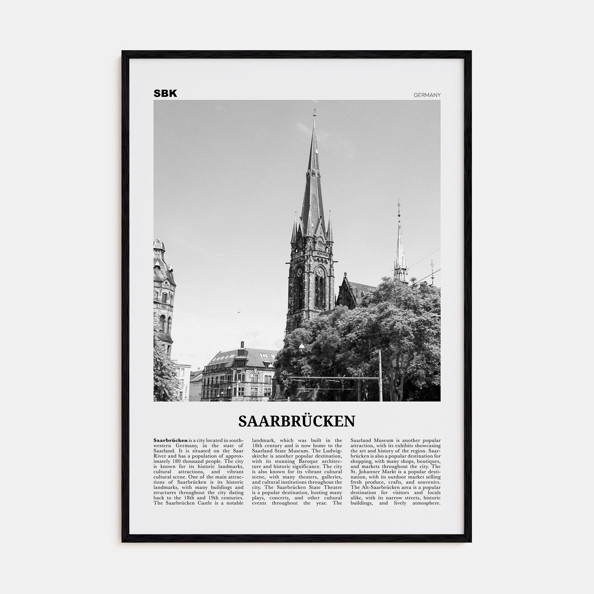 Saarbrücken Travel B&W Poster