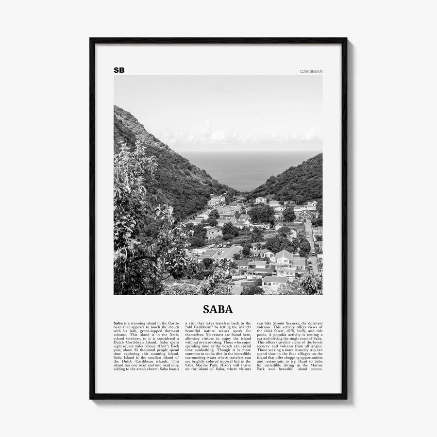 Saba Print Black and White, Saba Wall Art, Saba Poster, Saba Photo, Saba Wall Décor, Saba Map, Caribbean