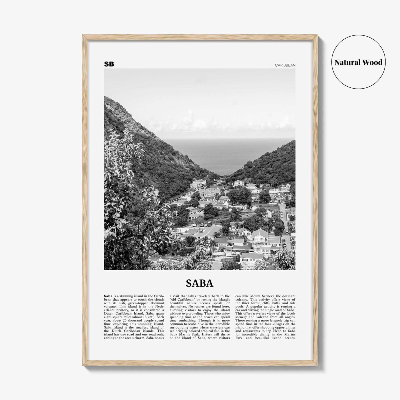Saba Print Black and White, Saba Wall Art, Saba Poster, Saba Photo, Saba Wall Décor, Saba Map, Caribbean