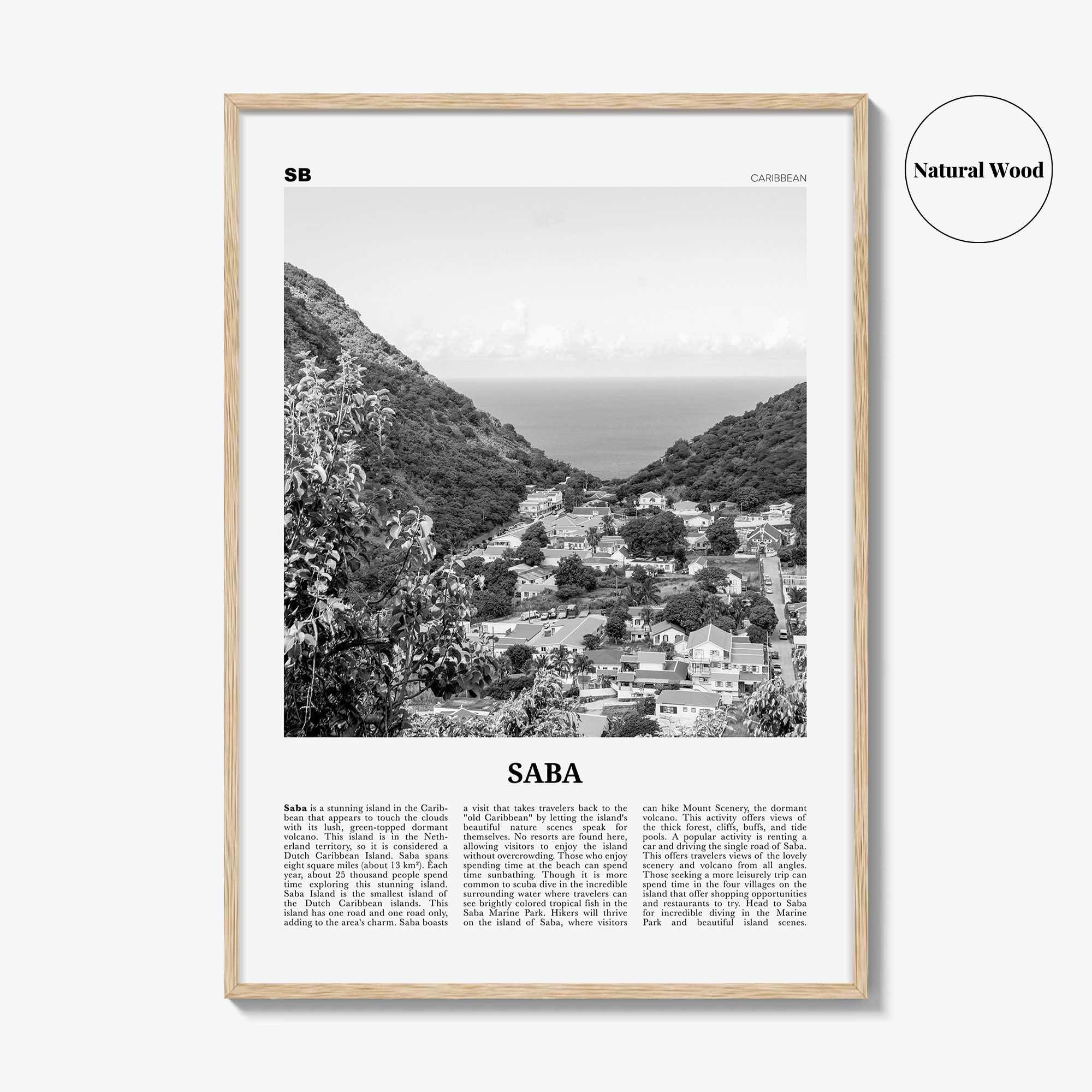 Saba Print Black and White, Saba Wall Art, Saba Poster, Saba Photo, Saba Wall Décor, Saba Map, Caribbean