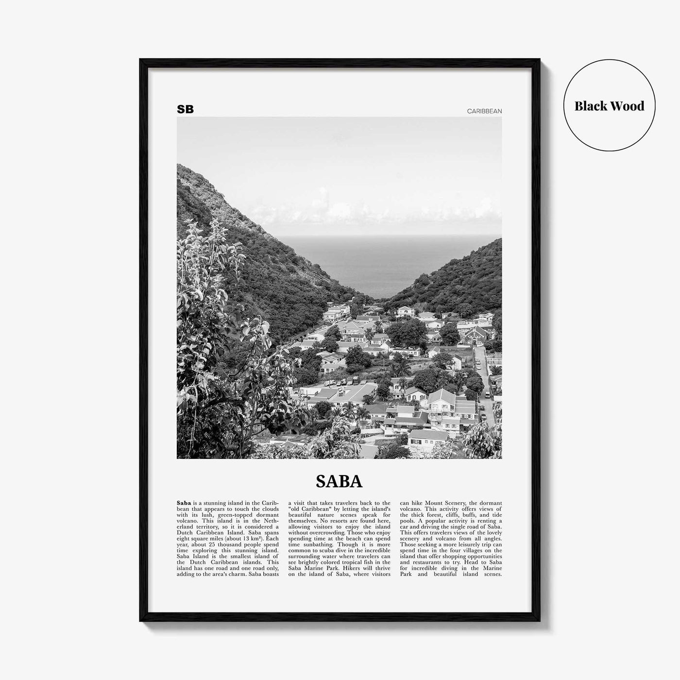 Saba Print Black and White, Saba Wall Art, Saba Poster, Saba Photo, Saba Wall Décor, Saba Map, Caribbean