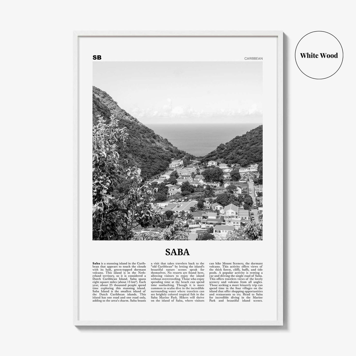 Saba Print Black and White, Saba Wall Art, Saba Poster, Saba Photo, Saba Wall Décor, Saba Map, Caribbean