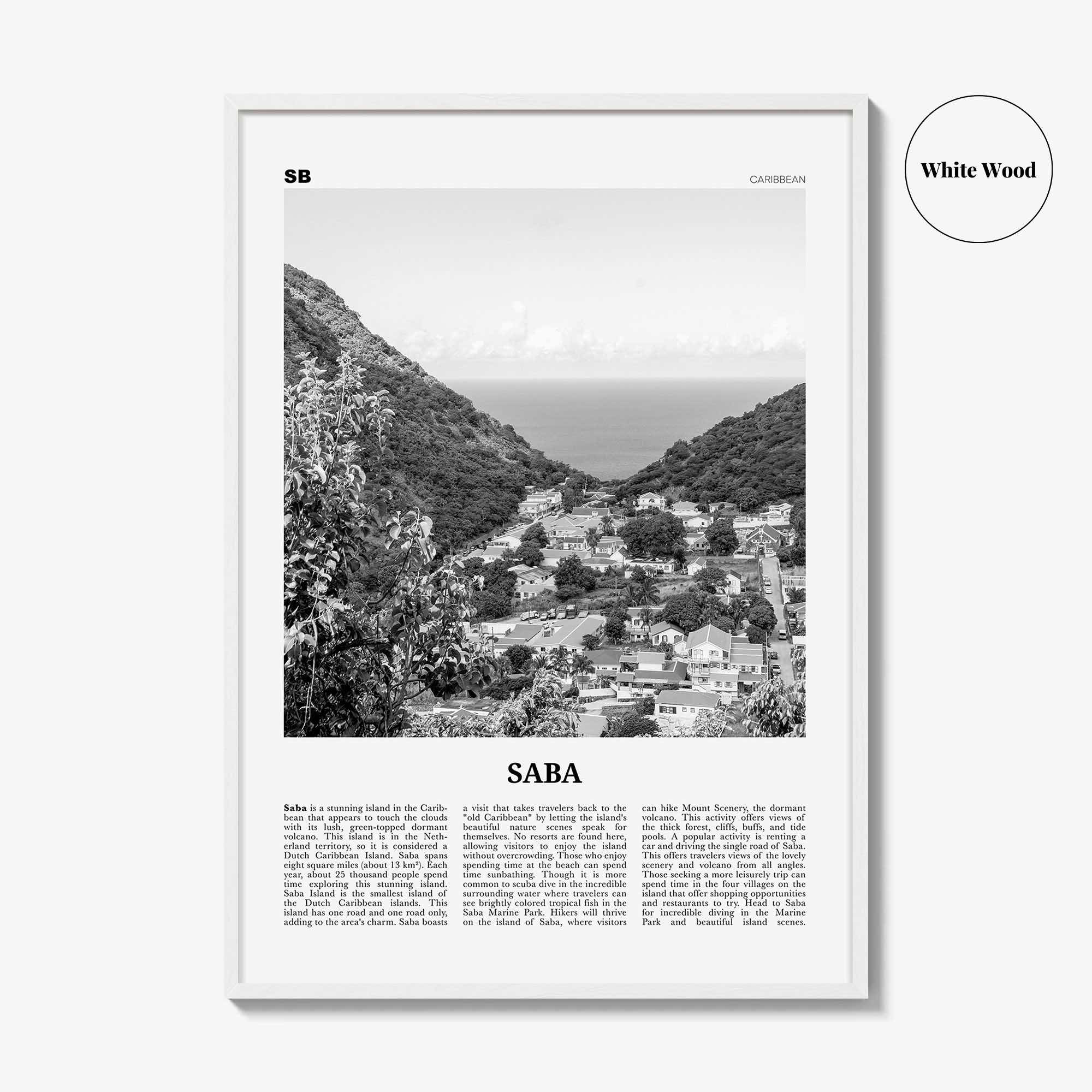 Saba Print Black and White, Saba Wall Art, Saba Poster, Saba Photo, Saba Wall Décor, Saba Map, Caribbean