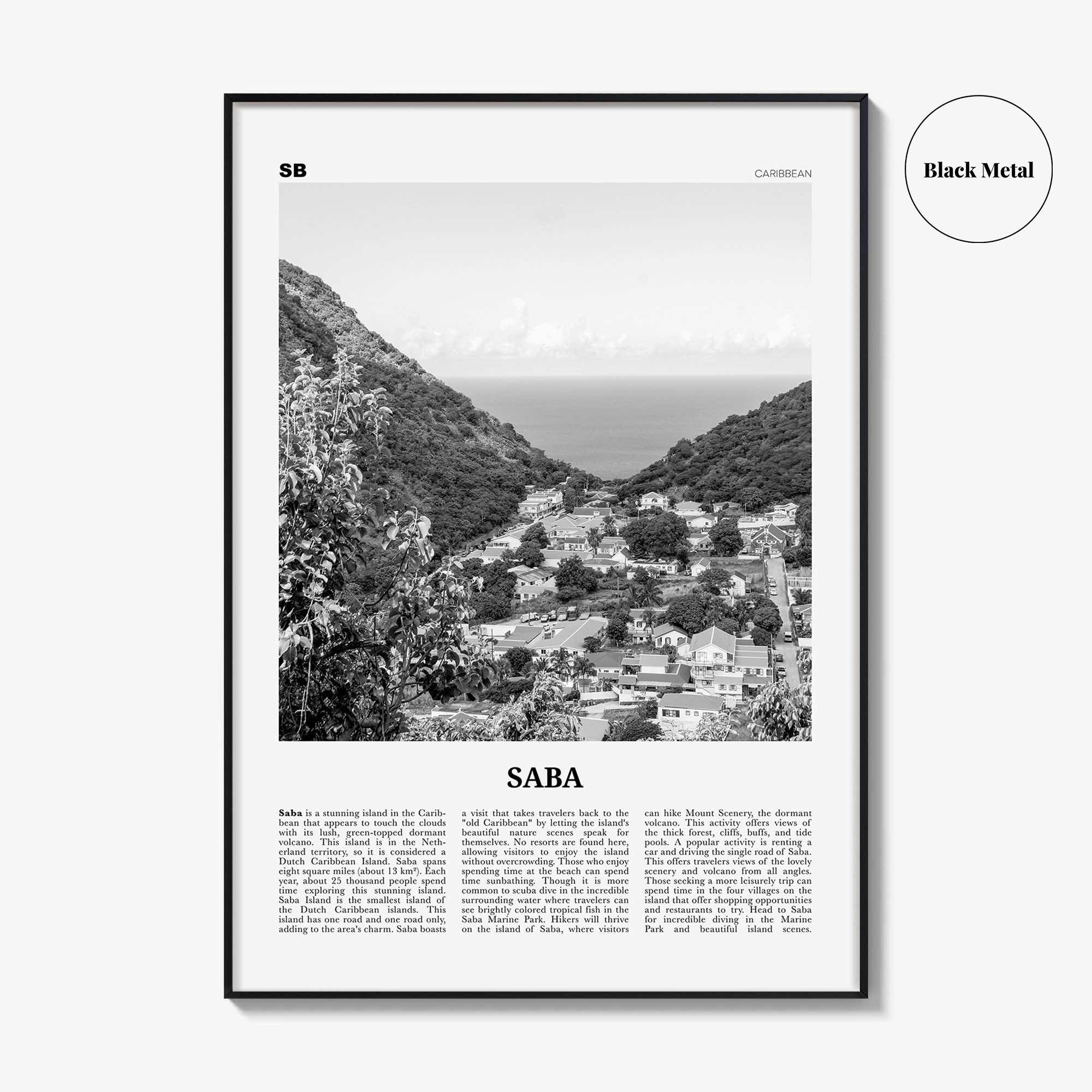 Saba Print Black and White, Saba Wall Art, Saba Poster, Saba Photo, Saba Wall Décor, Saba Map, Caribbean
