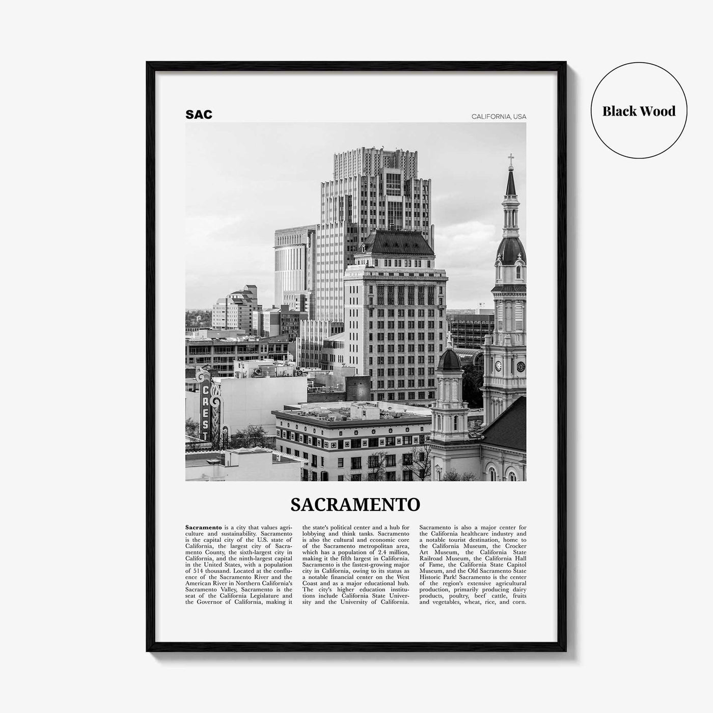 Sacramento Print Black and White No 2, Sacramento Wall Art, Sacramento Poster, Sacramento Photo, California, USA, United States