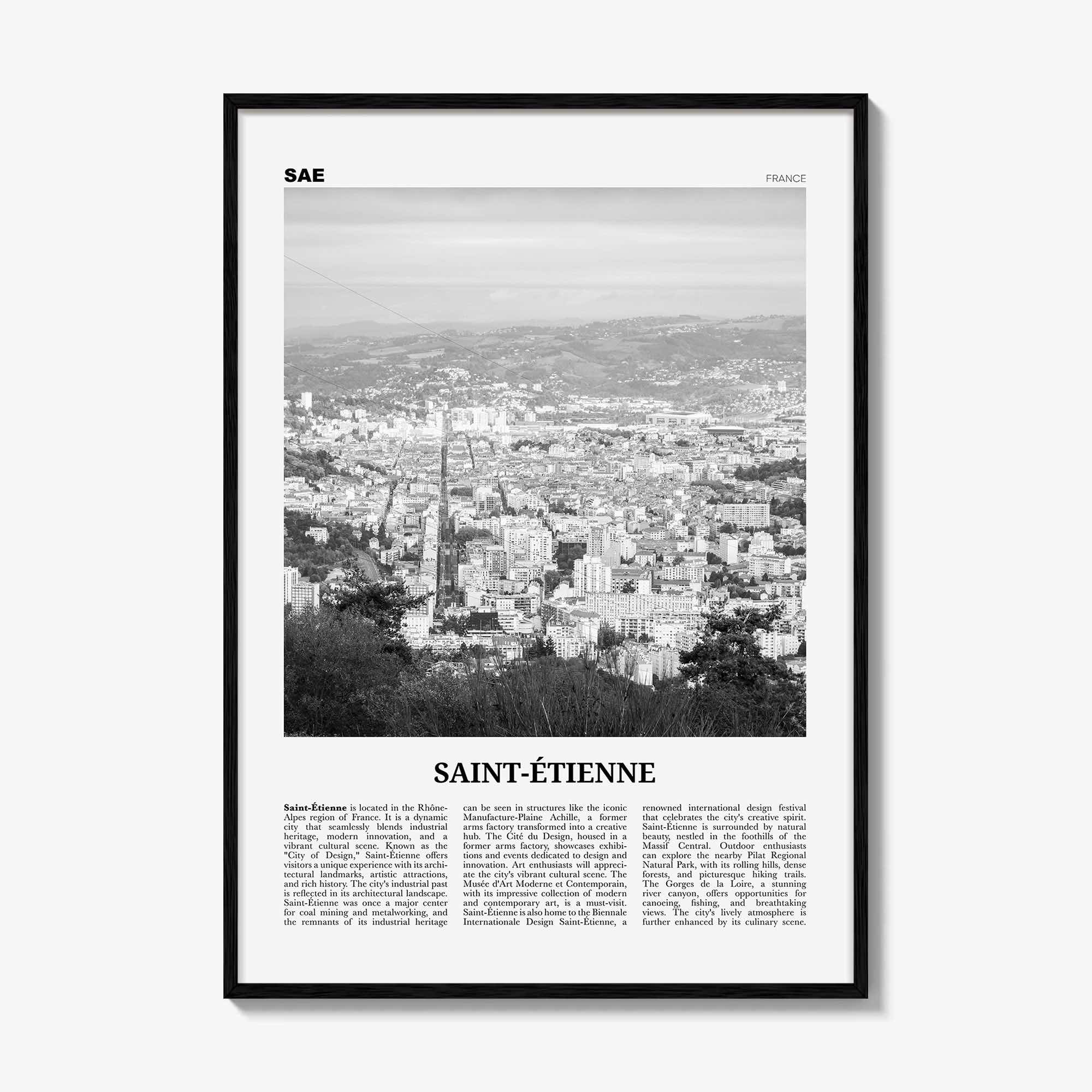 Saint Etienne Print Black and White, Saint-Étienne Wall Art, Saint-Étienne Poster, Saint-Étienne Photo, Wall Décor, Saint-Étienne Map