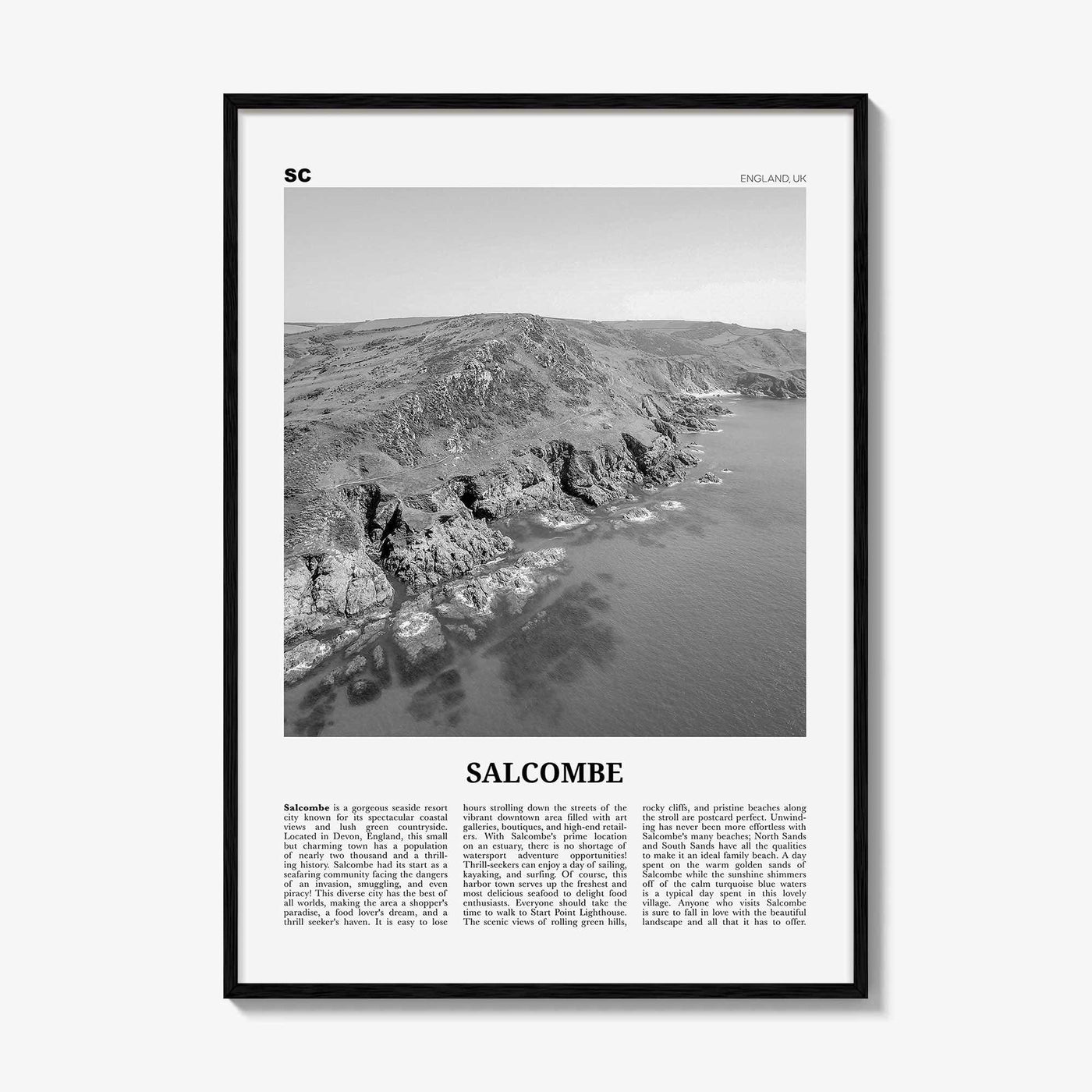 Salcombe Print Black and White, Salcombe Wall Art, Salcombe Poster, Salcombe Photo, Salcombe Wall Décor, England, UK, United Kingdom