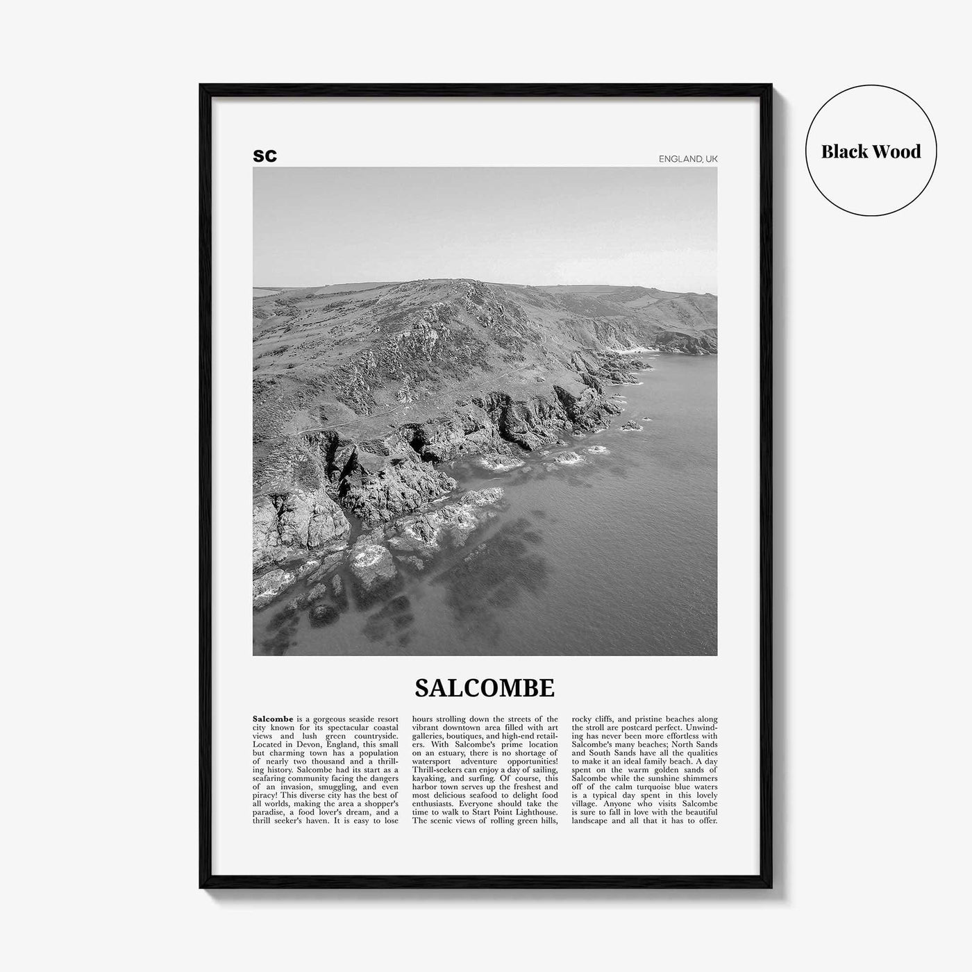 Salcombe Print Black and White, Salcombe Wall Art, Salcombe Poster, Salcombe Photo, Salcombe Wall Décor, England, UK, United Kingdom