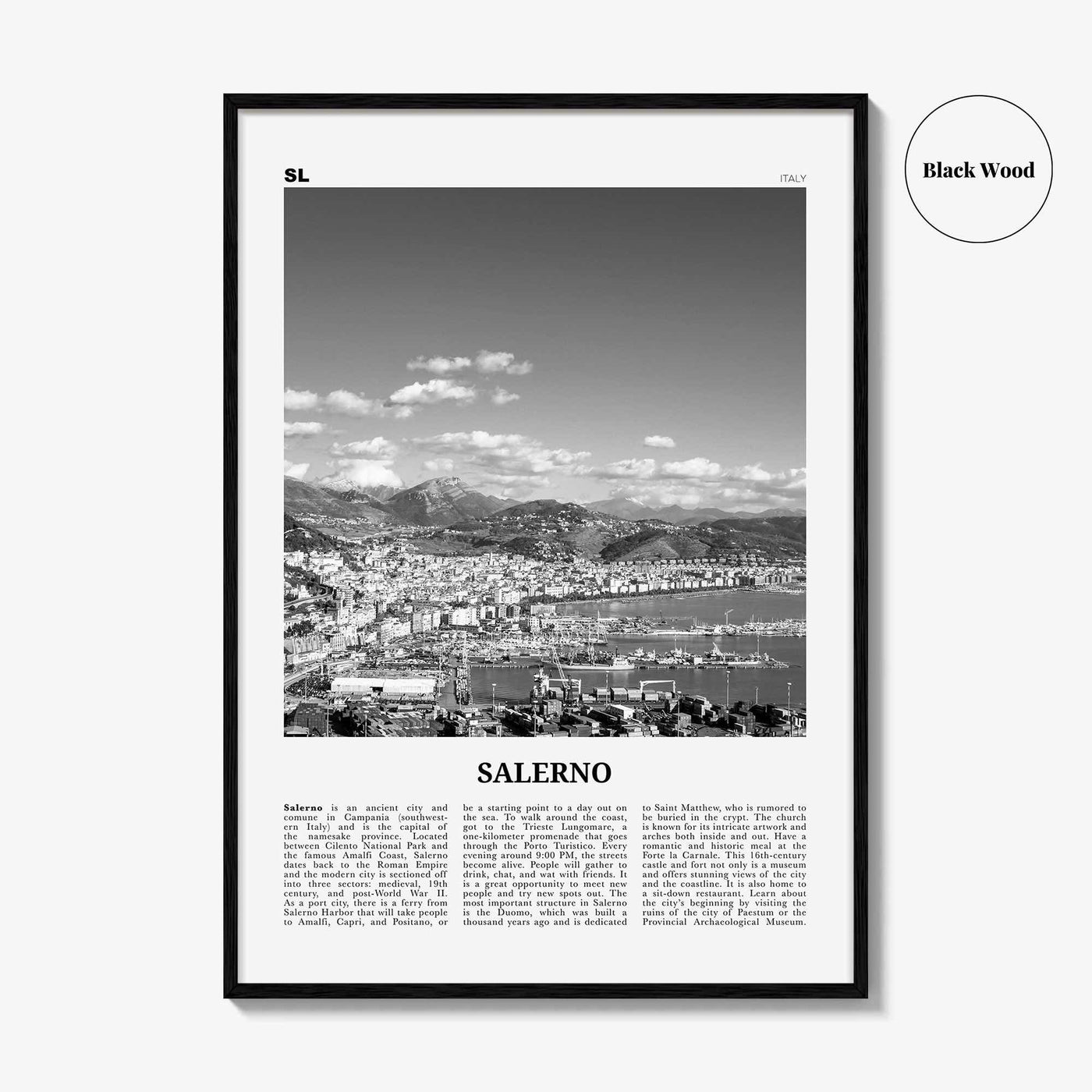 Salerno Print Black and White, Salerno Wall Art, Salerno Poster, Salerno Photo, Salerno Wall Décor, Salerno Map, Italy