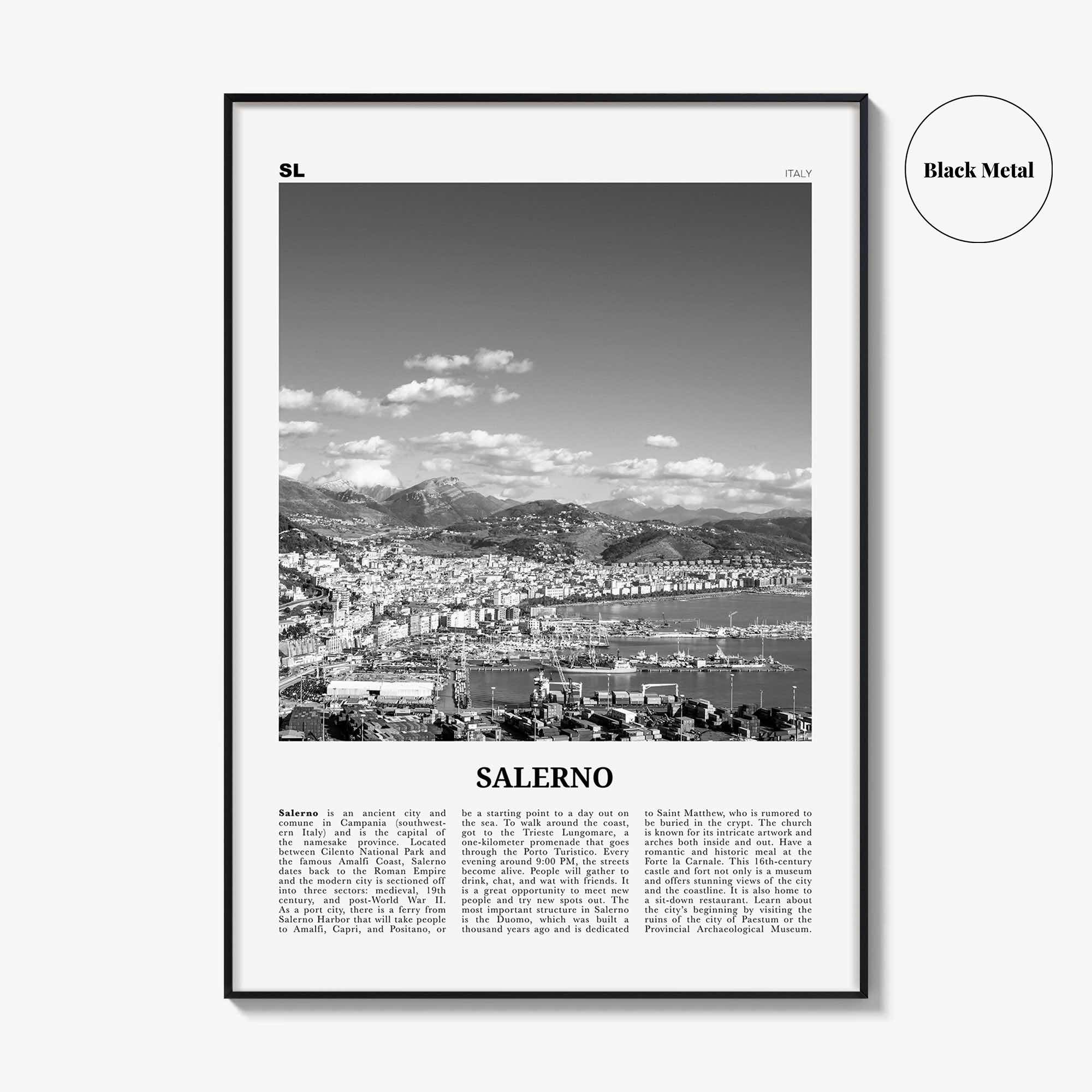 Salerno Print Black and White, Salerno Wall Art, Salerno Poster, Salerno Photo, Salerno Wall Décor, Salerno Map, Italy