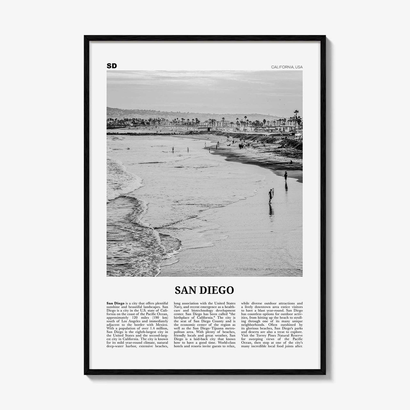 San Diego Print Black and White No 1, San Diego Wall Art, San Diego Poster, Surf Poster Print, California, USA, United States