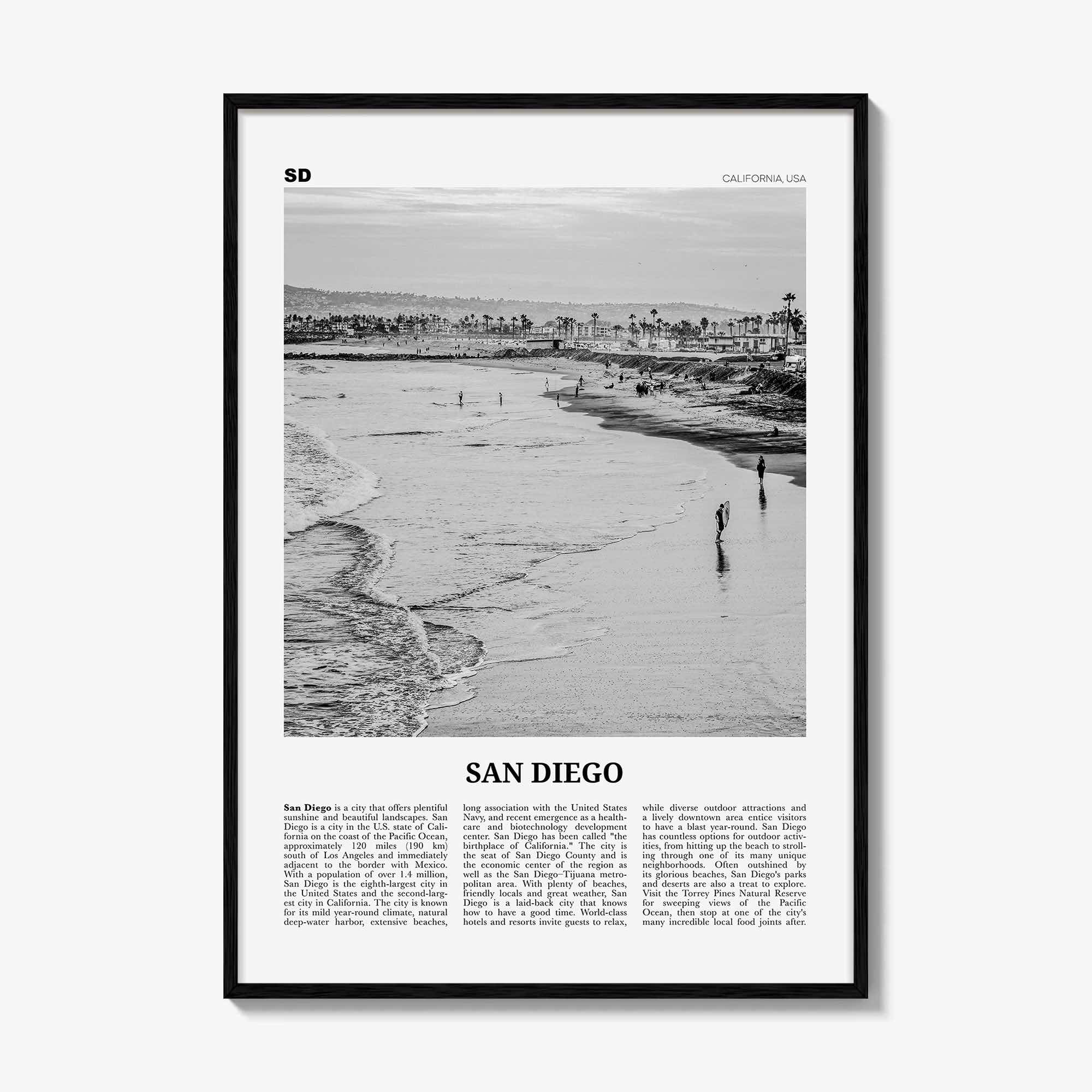 San Diego Print Black and White No 1, San Diego Wall Art, San Diego Poster, Surf Poster Print, California, USA, United States