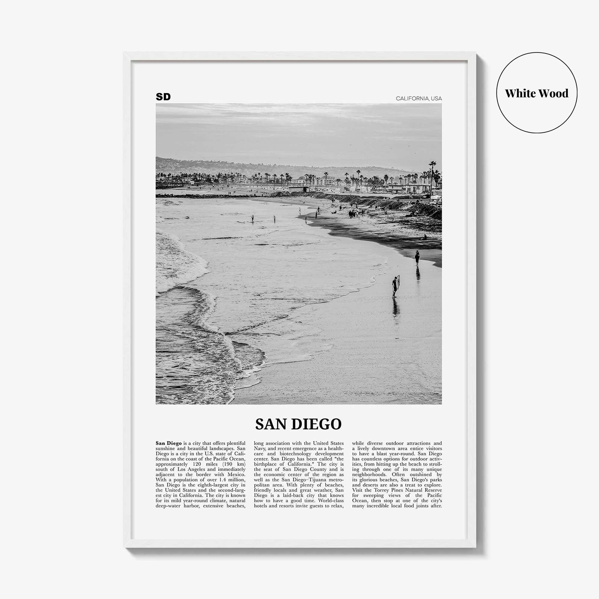 San Diego Print Black and White No 1, San Diego Wall Art, San Diego Poster, Surf Poster Print, California, USA, United States