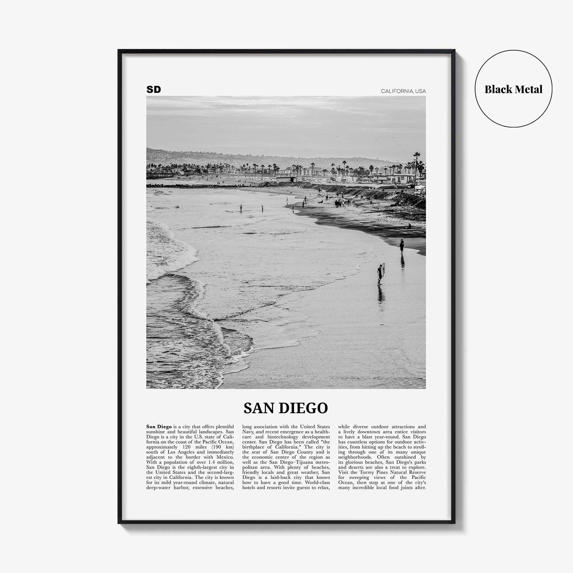 San Diego Print Black and White No 1, San Diego Wall Art, San Diego Poster, Surf Poster Print, California, USA, United States