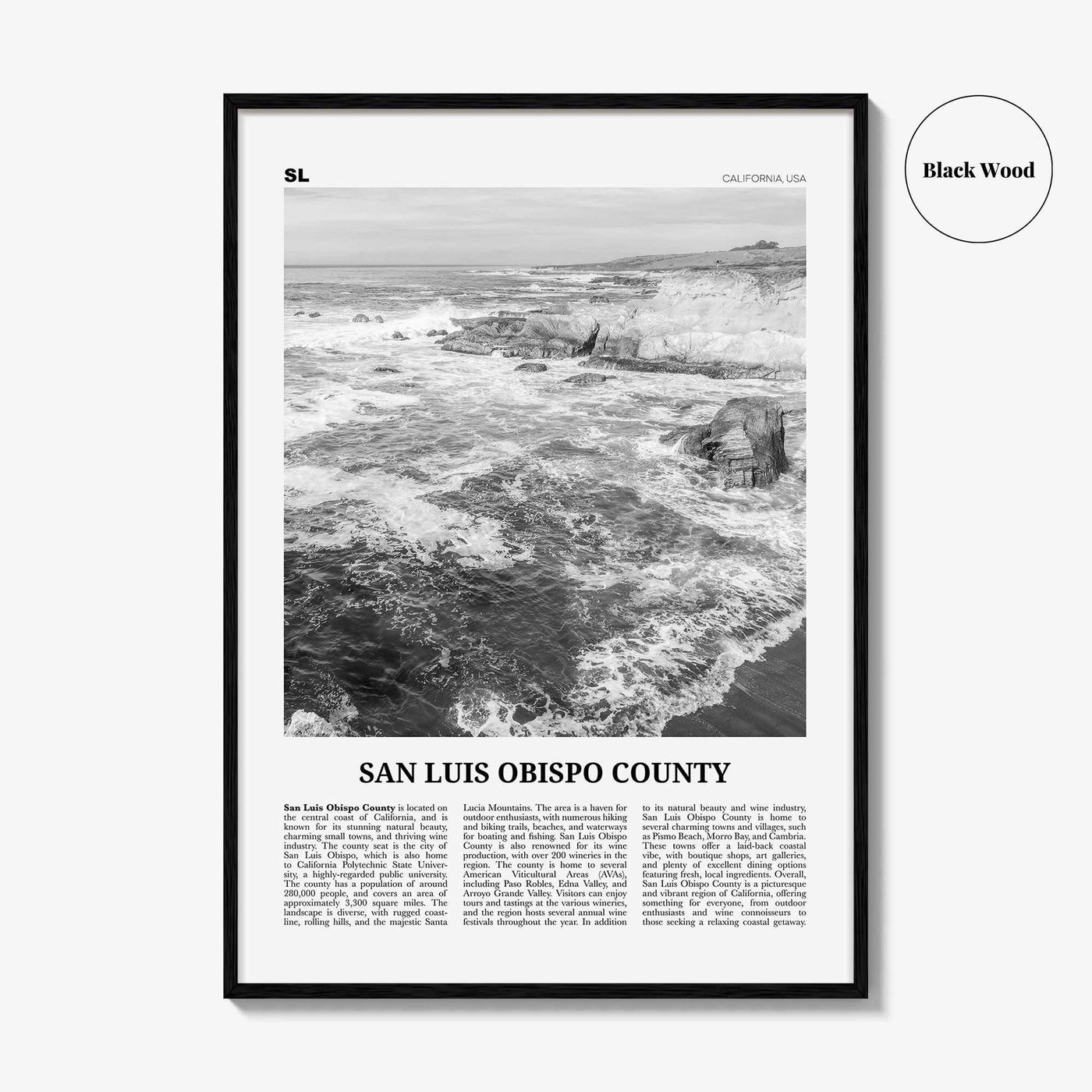 San Luis Obispo County Print Black and White, San Luis Obispo Wall Art, San Luis Obispo Poster, Photo, Wall Décor, San Luis Obispo Map