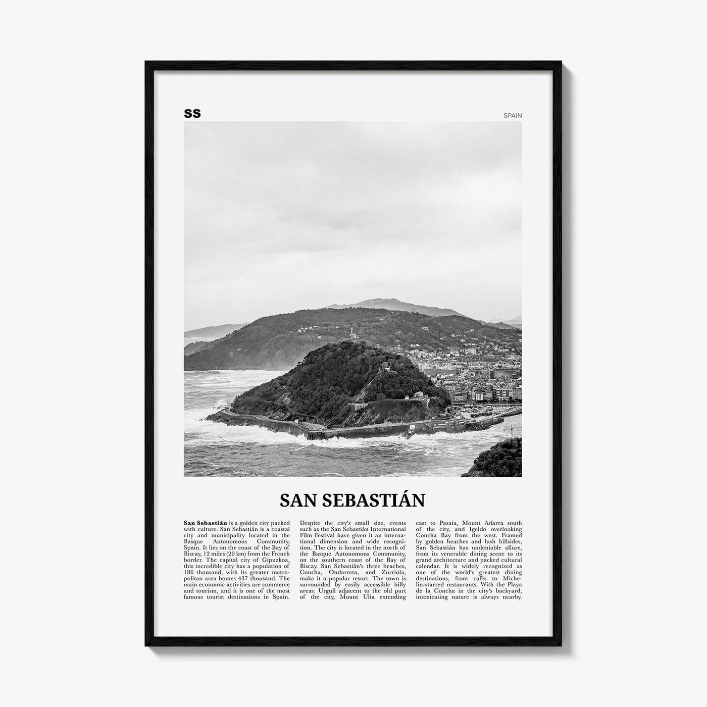 San Sebastian Print Black and White No 2, San Sebastián Wall Art, San Sebastián Poster, Donostia, Basque Country, Spain, España, Europe