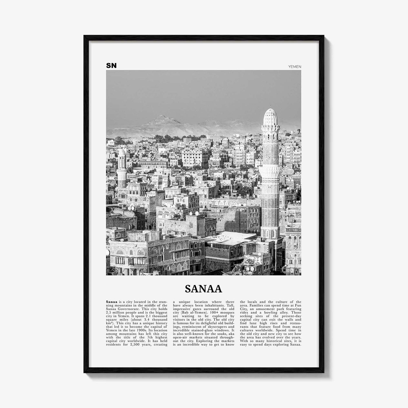 Sanaa Print Black and White, Sanaa Wall Art, Sanaa Poster, Sanaa Photo, Sanaa Wall Décor, Sanaa Map, Yemen