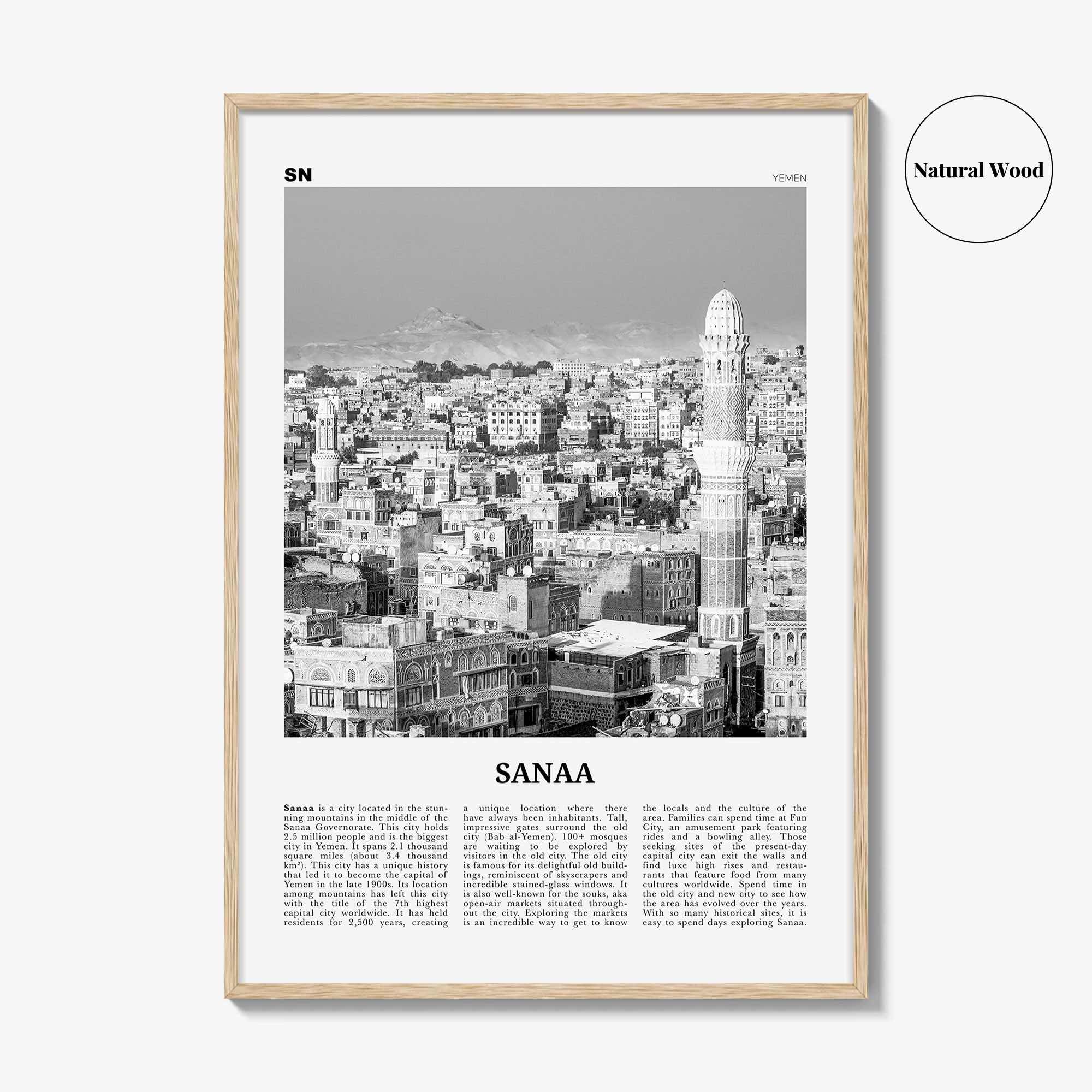 Sanaa Print Black and White, Sanaa Wall Art, Sanaa Poster, Sanaa Photo, Sanaa Wall Décor, Sanaa Map, Yemen
