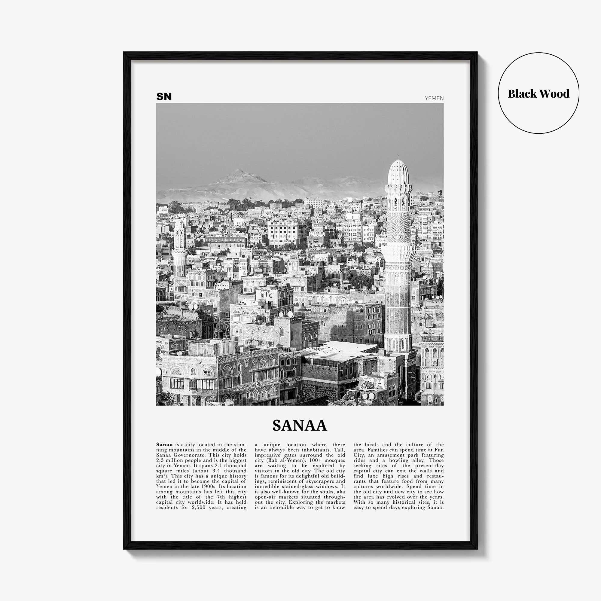 Sanaa Print Black and White, Sanaa Wall Art, Sanaa Poster, Sanaa Photo, Sanaa Wall Décor, Sanaa Map, Yemen