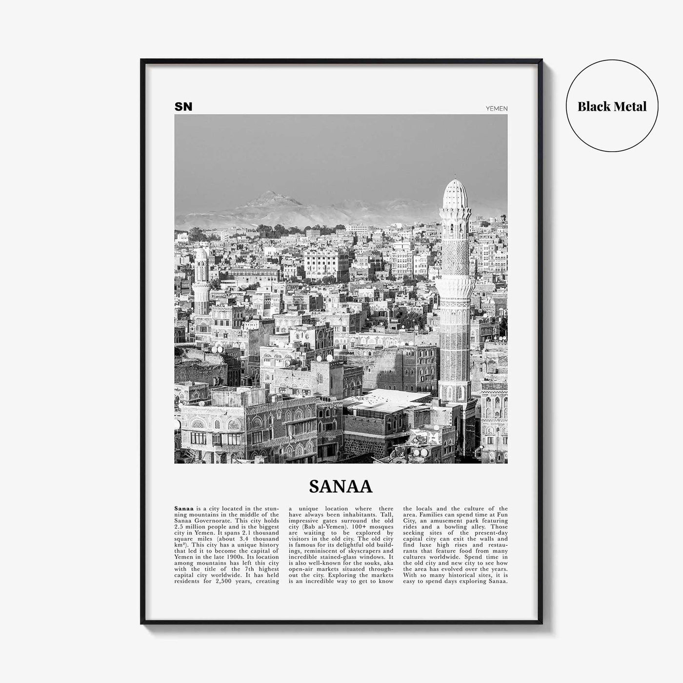 Sanaa Print Black and White, Sanaa Wall Art, Sanaa Poster, Sanaa Photo, Sanaa Wall Décor, Sanaa Map, Yemen