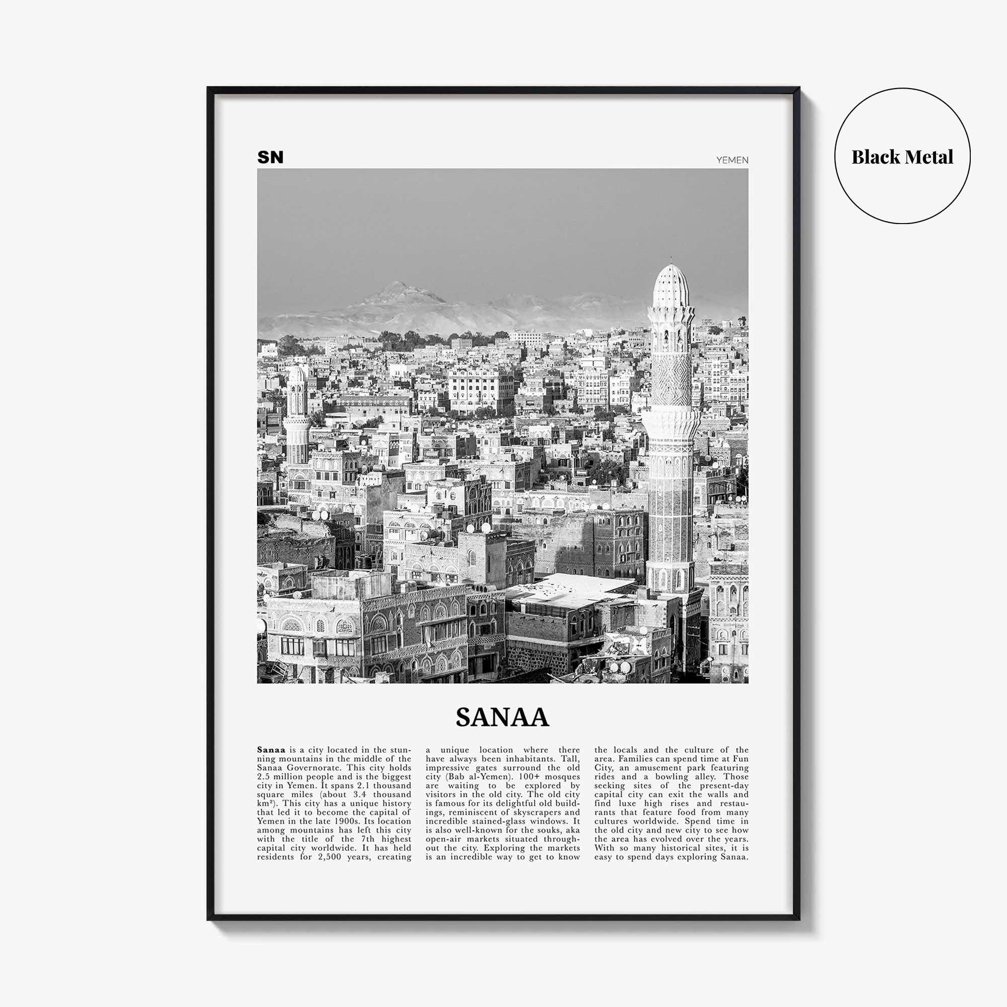 Sanaa Print Black and White, Sanaa Wall Art, Sanaa Poster, Sanaa Photo, Sanaa Wall Décor, Sanaa Map, Yemen