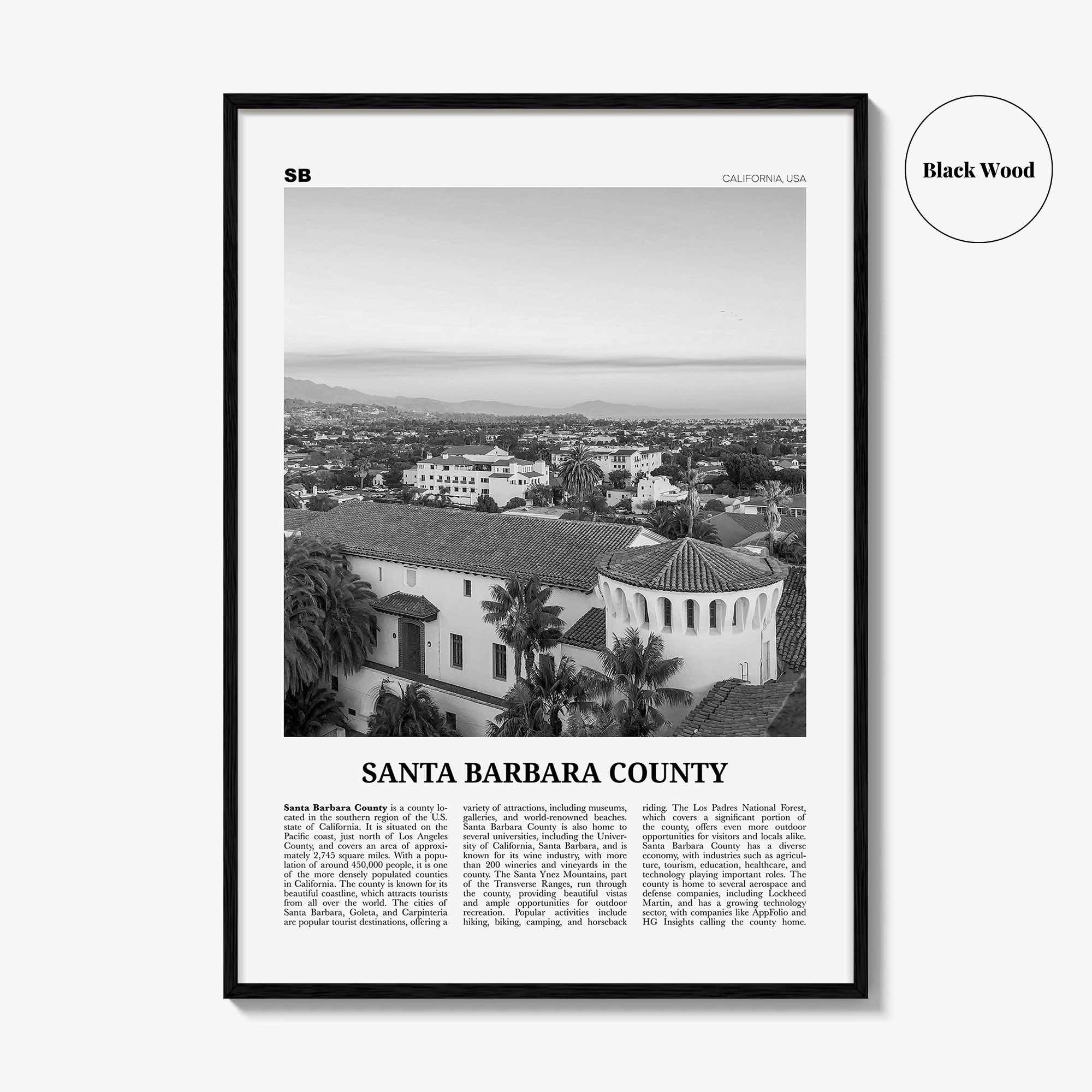Santa Barbara County Print Black and White, Santa Barbara Wall Art, Santa Barbara Poster, Santa Barbara Photo, Wall Décor, Santa Barbara Map