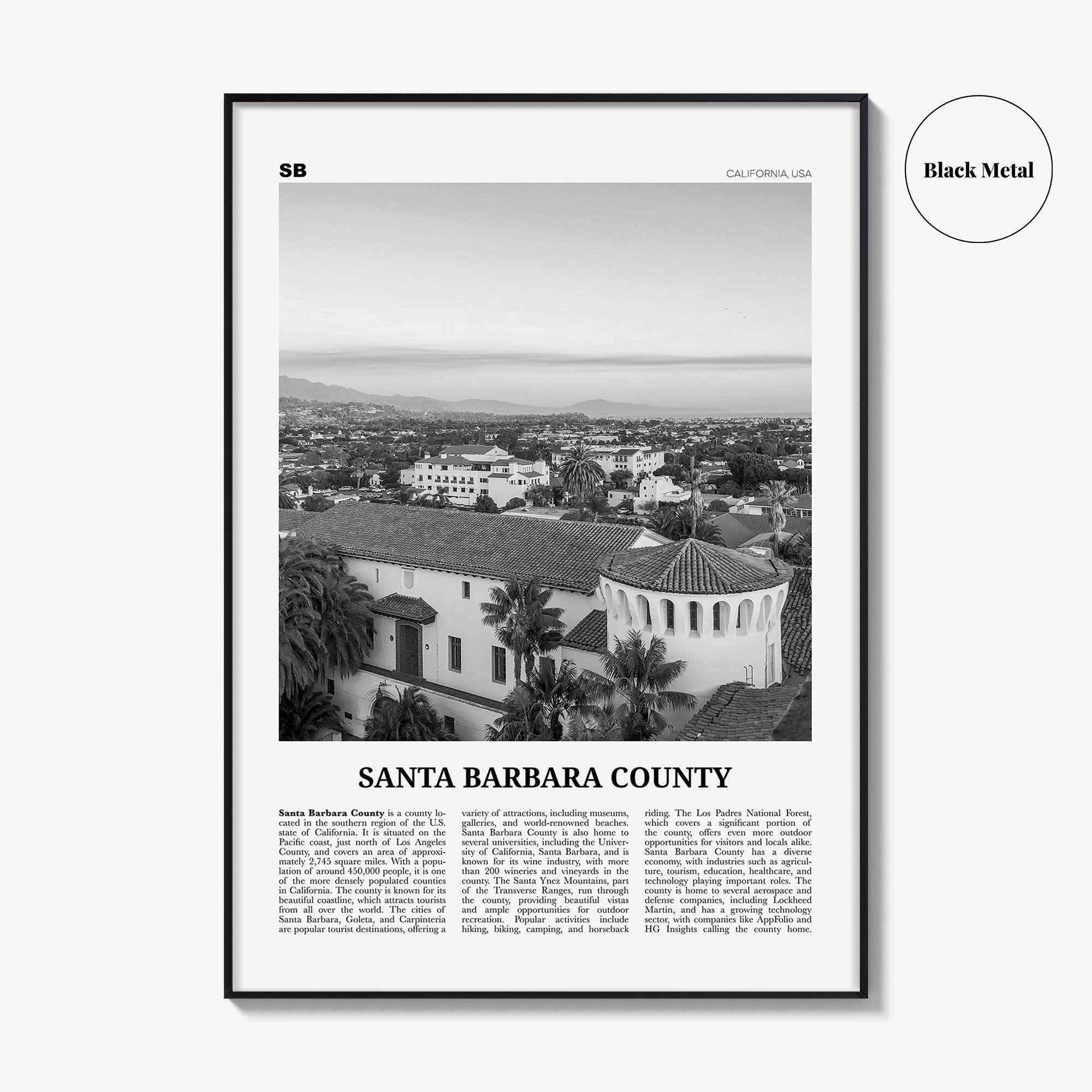 Santa Barbara County Print Black and White, Santa Barbara Wall Art, Santa Barbara Poster, Santa Barbara Photo, Wall Décor, Santa Barbara Map