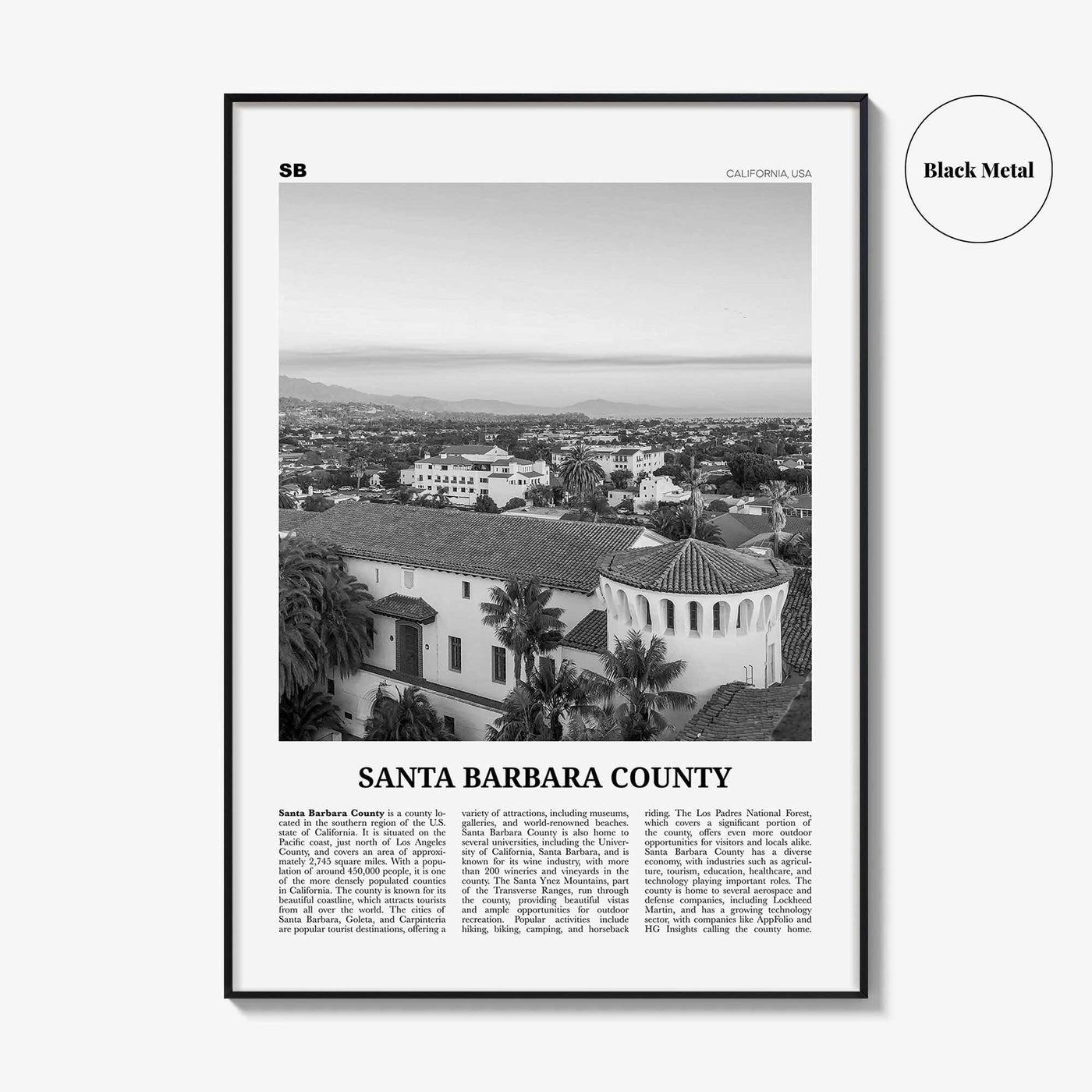 Santa Barbara County Print Black and White, Santa Barbara Wall Art, Santa Barbara Poster, Santa Barbara Photo, Wall Décor, Santa Barbara Map