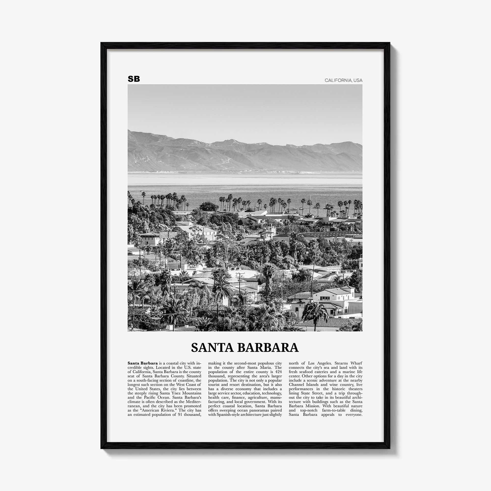 Santa Barbara Print Black and White No 1, Santa Barbara Wall Art, Santa Barbara Poster, California, USA, United States, North America