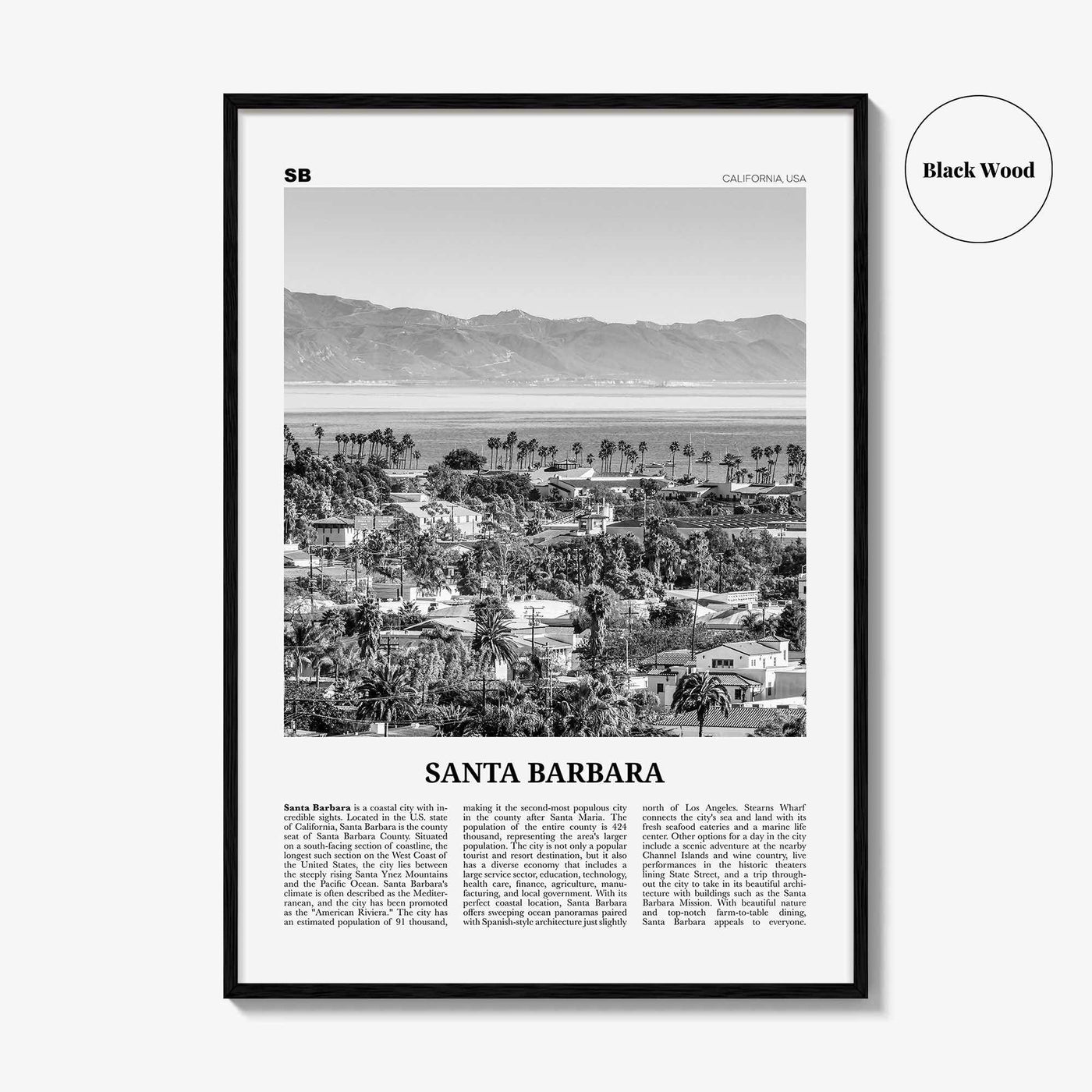 Santa Barbara Print Black and White No 1, Santa Barbara Wall Art, Santa Barbara Poster, California, USA, United States, North America