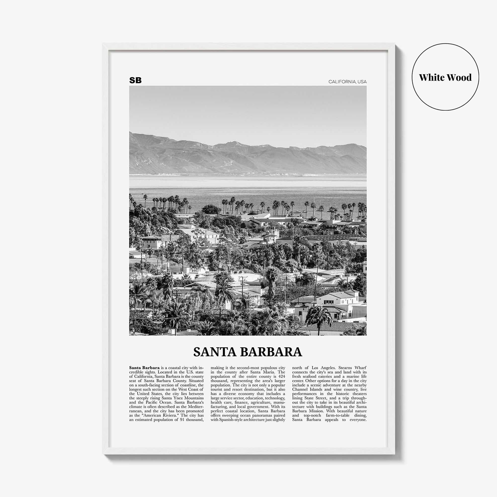 Santa Barbara Print Black and White No 1, Santa Barbara Wall Art, Santa Barbara Poster, California, USA, United States, North America