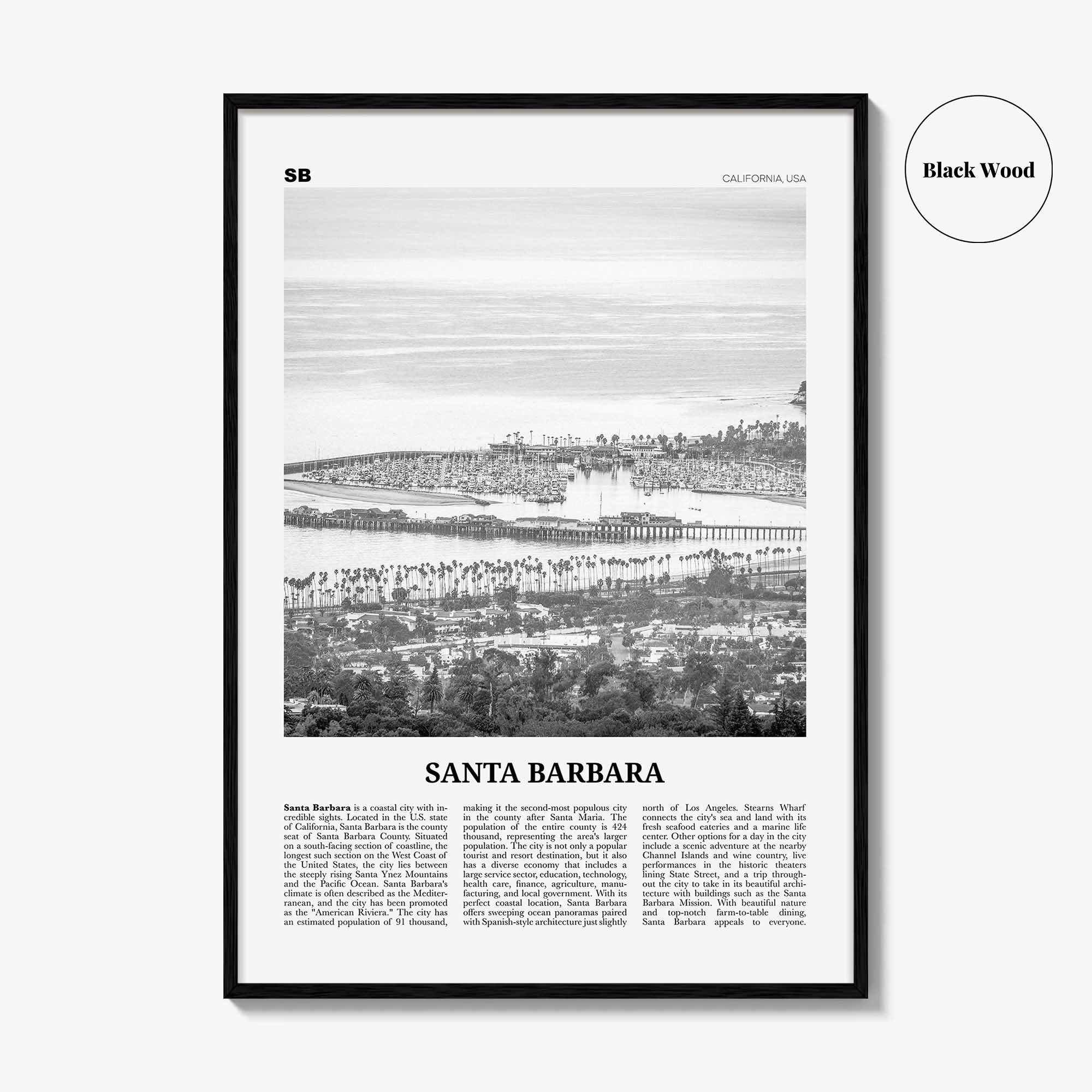 Santa Barbara Print Black and White No 2, Santa Barbara Wall Art, Santa Barbara Poster, California, USA, United States, North America