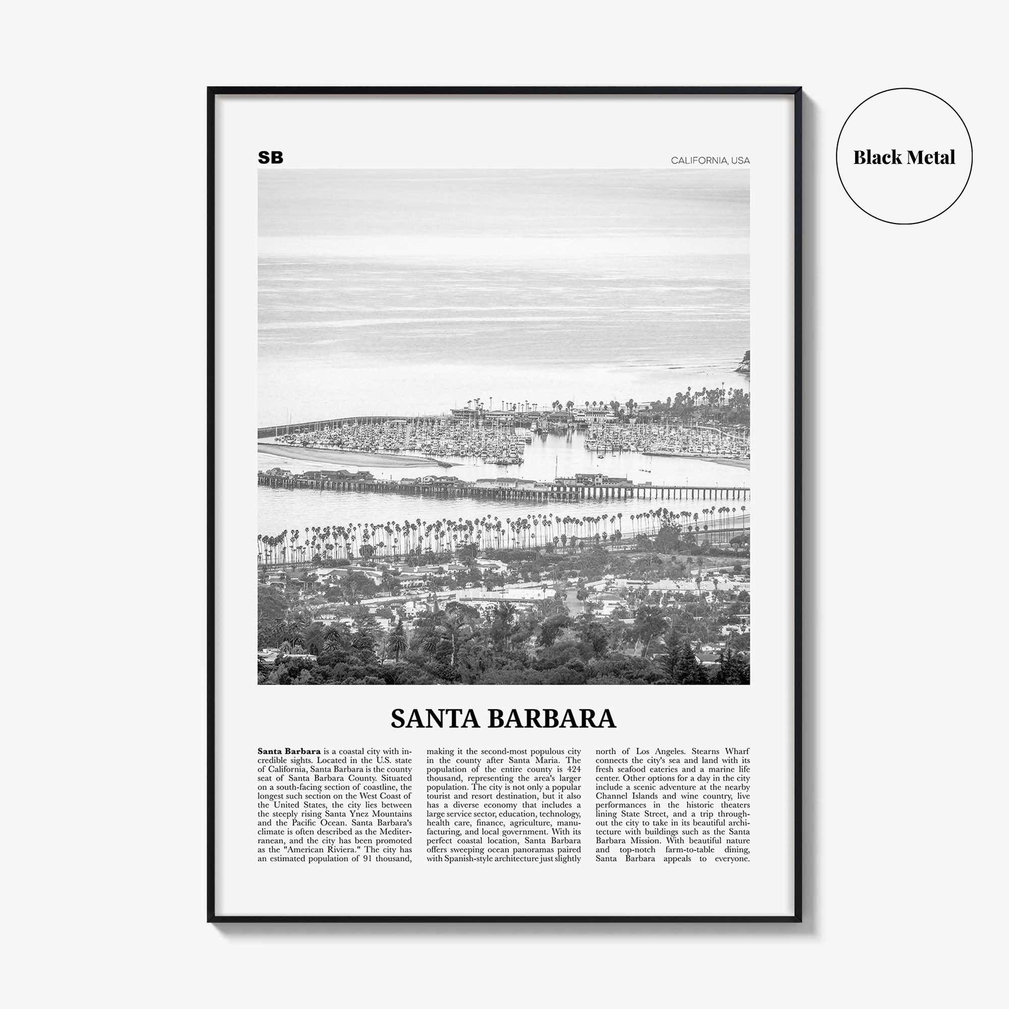 Santa Barbara Print Black and White No 2, Santa Barbara Wall Art, Santa Barbara Poster, California, USA, United States, North America