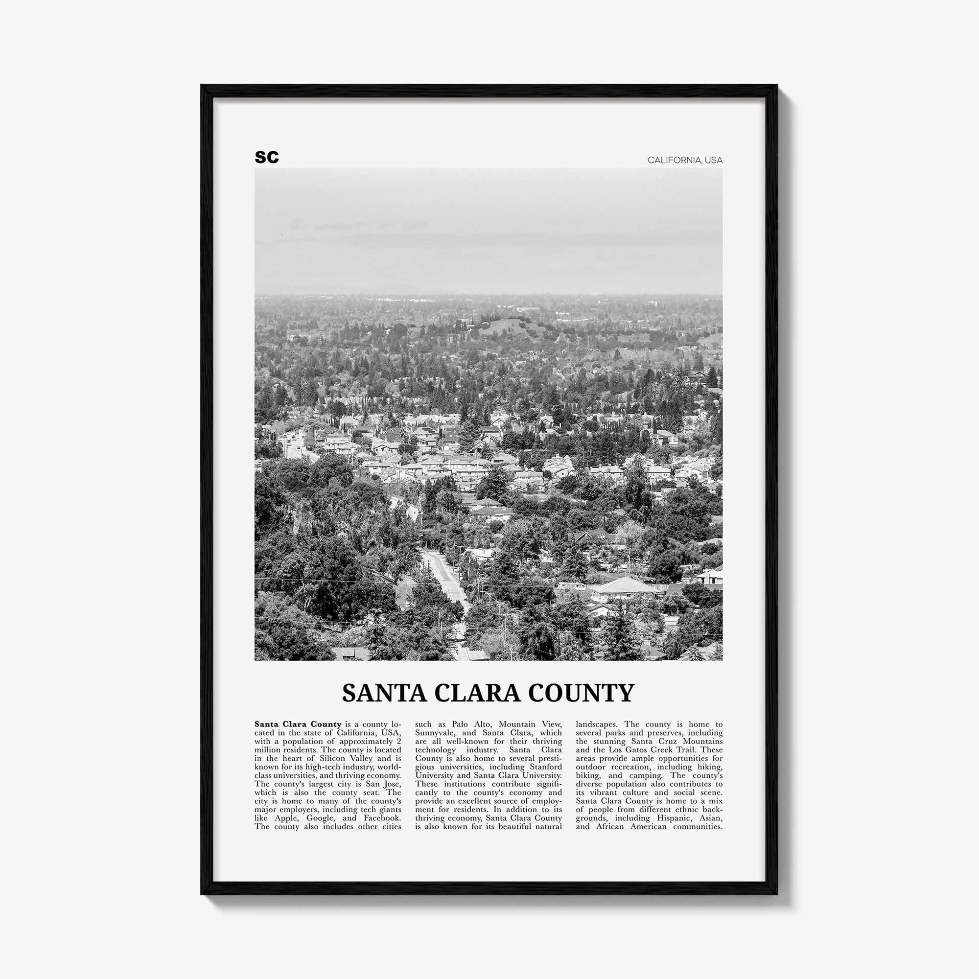 Santa Clara County Print Black and White, Santa Clara Wall Art, Santa Clara Poster, Santa Clara Photo, Santa Clara Décor, Santa Clara Map