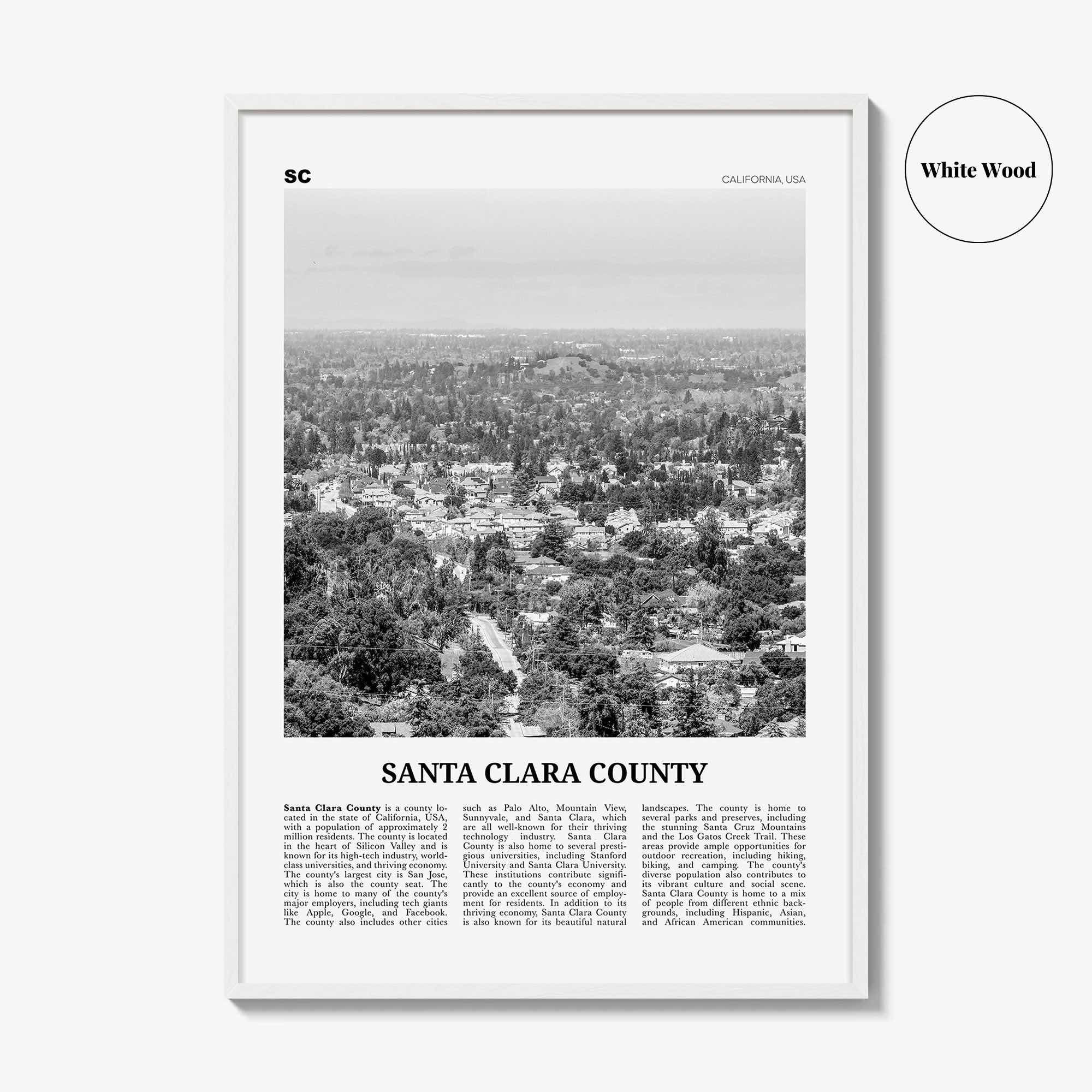 Santa Clara County Print Black and White, Santa Clara Wall Art, Santa Clara Poster, Santa Clara Photo, Santa Clara Décor, Santa Clara Map