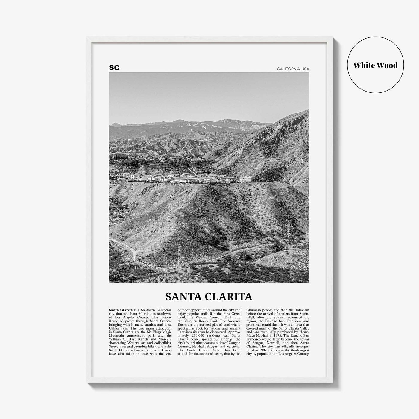 Santa Clarita Print Black and White, Santa Clarita Wall Art, Santa Clarita Poster, Santa Clarita Photo, California, USA, United States