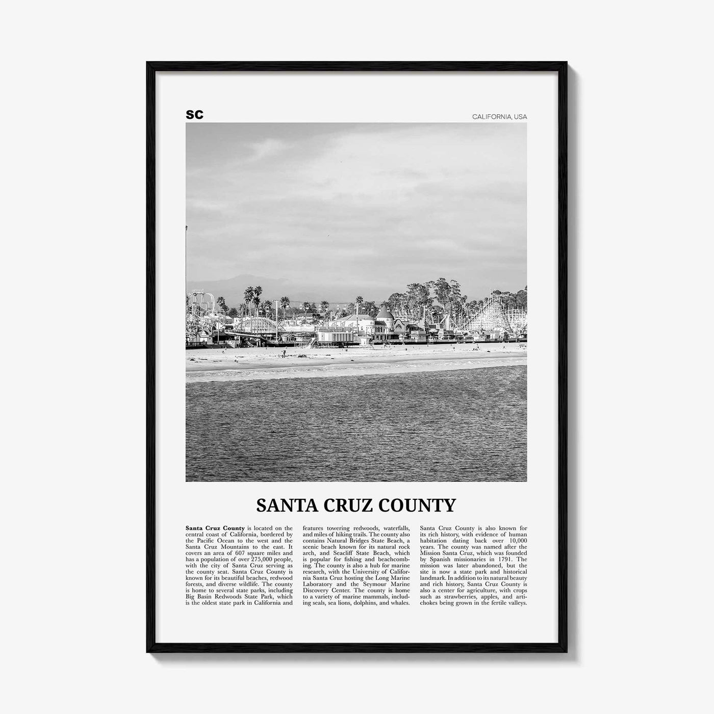 Santa Cruz County Print Black and White, Santa Cruz Wall Art, Santa Cruz Poster, Santa Cruz Photo, Santa Cruz Wall Décor, Santa Cruz Map
