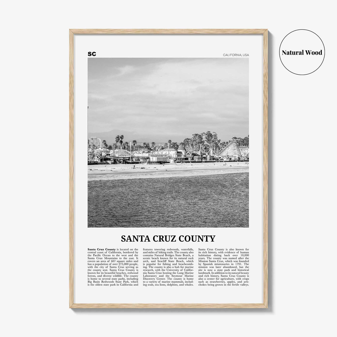 Santa Cruz County Print Black and White, Santa Cruz Wall Art, Santa Cruz Poster, Santa Cruz Photo, Santa Cruz Wall Décor, Santa Cruz Map