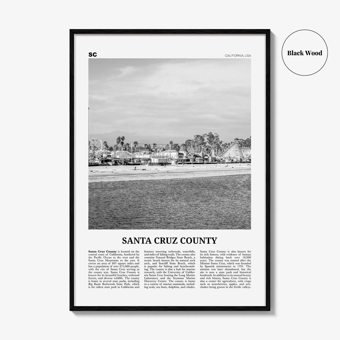 Santa Cruz County Print Black and White, Santa Cruz Wall Art, Santa Cruz Poster, Santa Cruz Photo, Santa Cruz Wall Décor, Santa Cruz Map