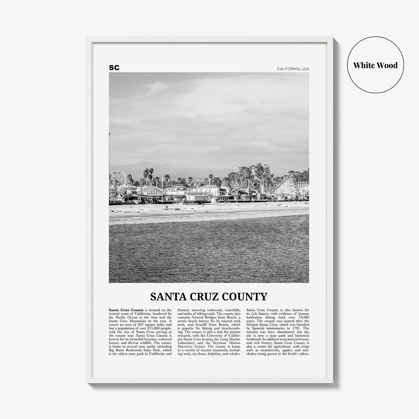 Santa Cruz County Print Black and White, Santa Cruz Wall Art, Santa Cruz Poster, Santa Cruz Photo, Santa Cruz Wall Décor, Santa Cruz Map