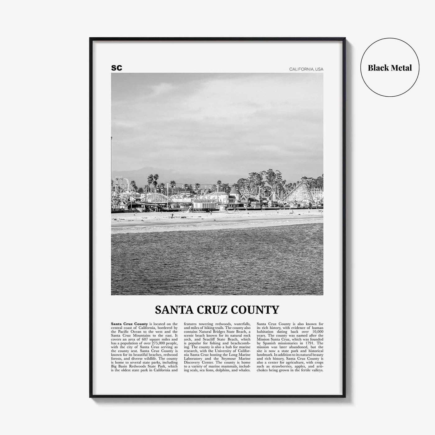 Santa Cruz County Print Black and White, Santa Cruz Wall Art, Santa Cruz Poster, Santa Cruz Photo, Santa Cruz Wall Décor, Santa Cruz Map