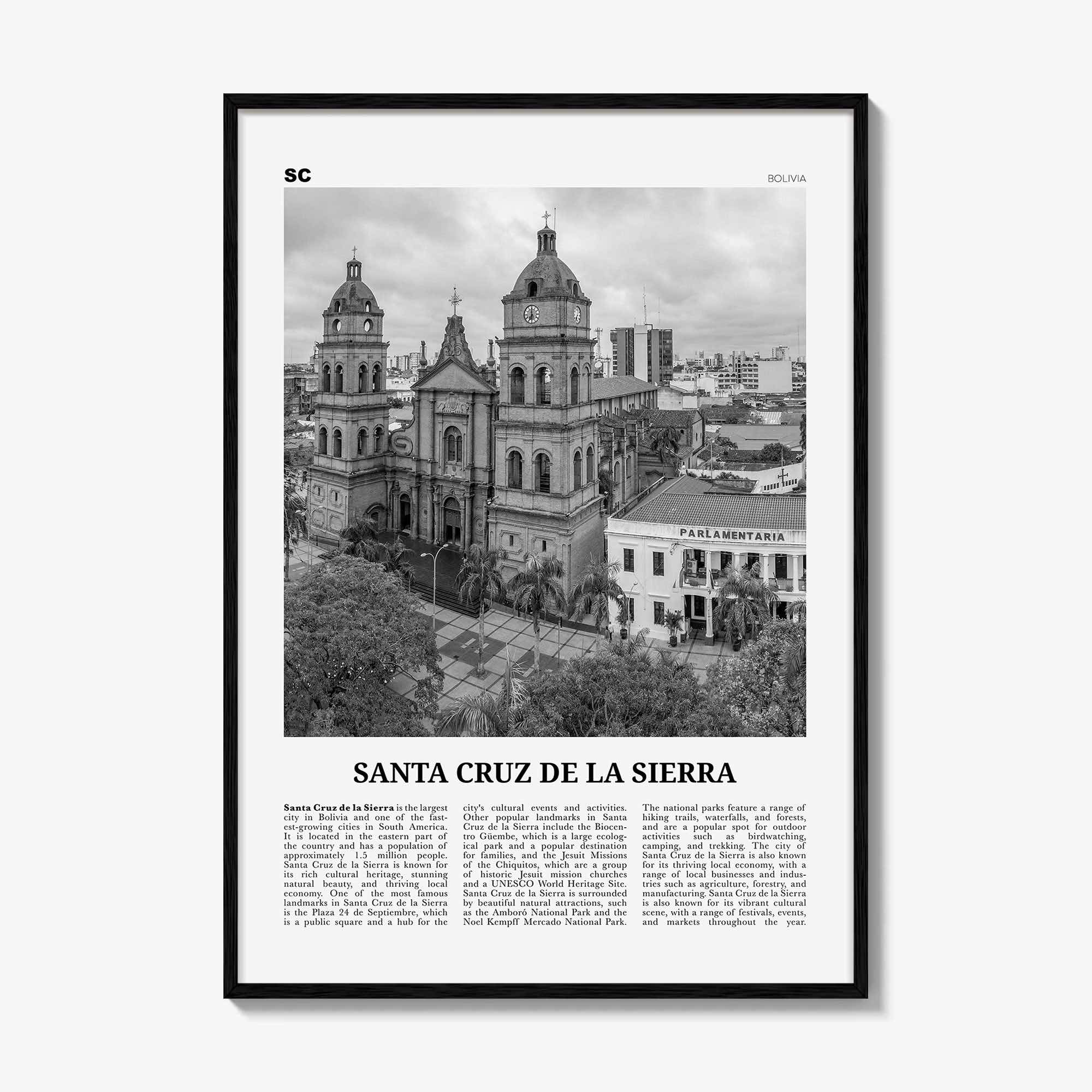 Santa Cruz de la Sierra Print Black and White, Santa Cruz de la Sierra Wall Art, Santa Cruz de la Sierra Poster, Photo, Wall Décor, Map