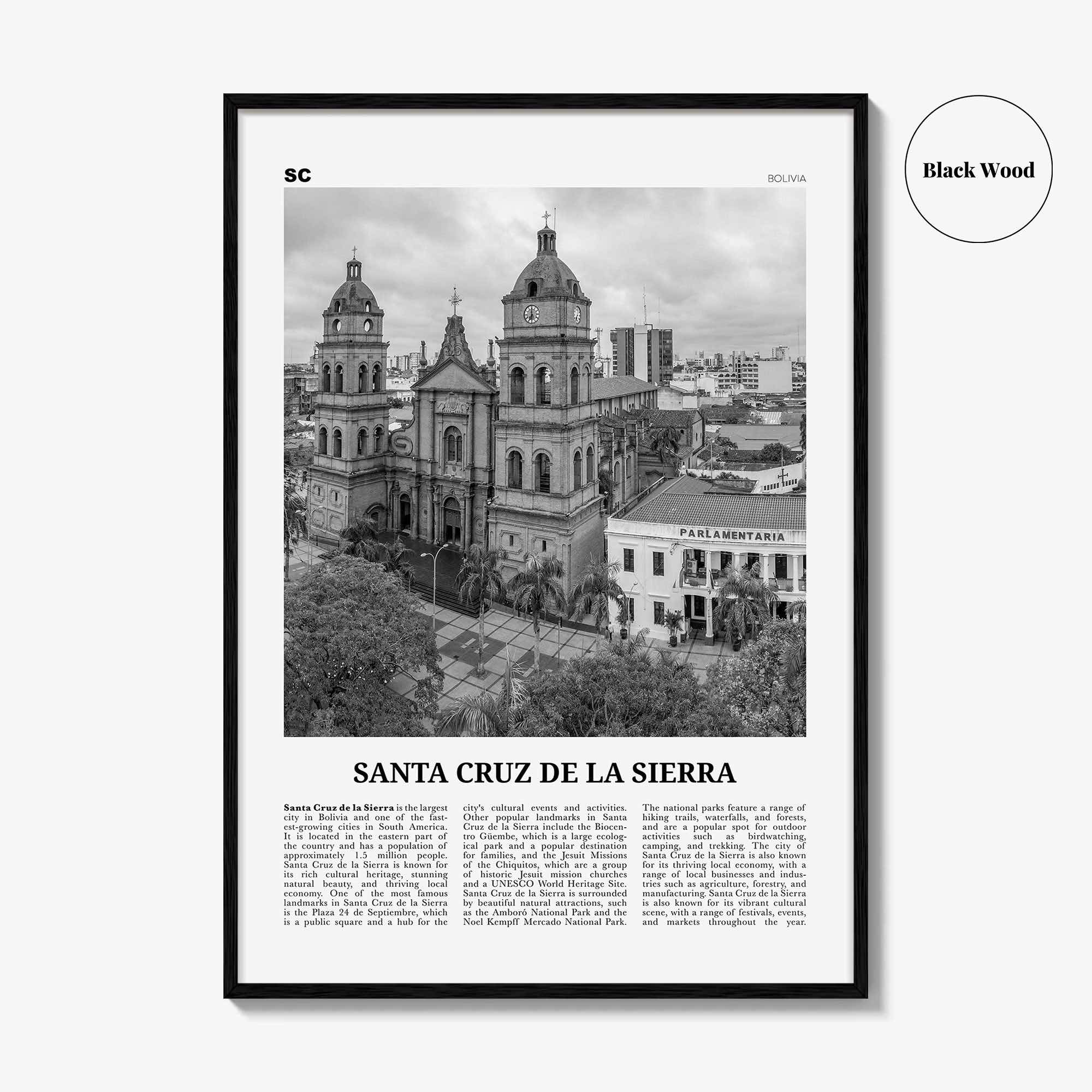 Santa Cruz de la Sierra Print Black and White, Santa Cruz de la Sierra Wall Art, Santa Cruz de la Sierra Poster, Photo, Wall Décor, Map